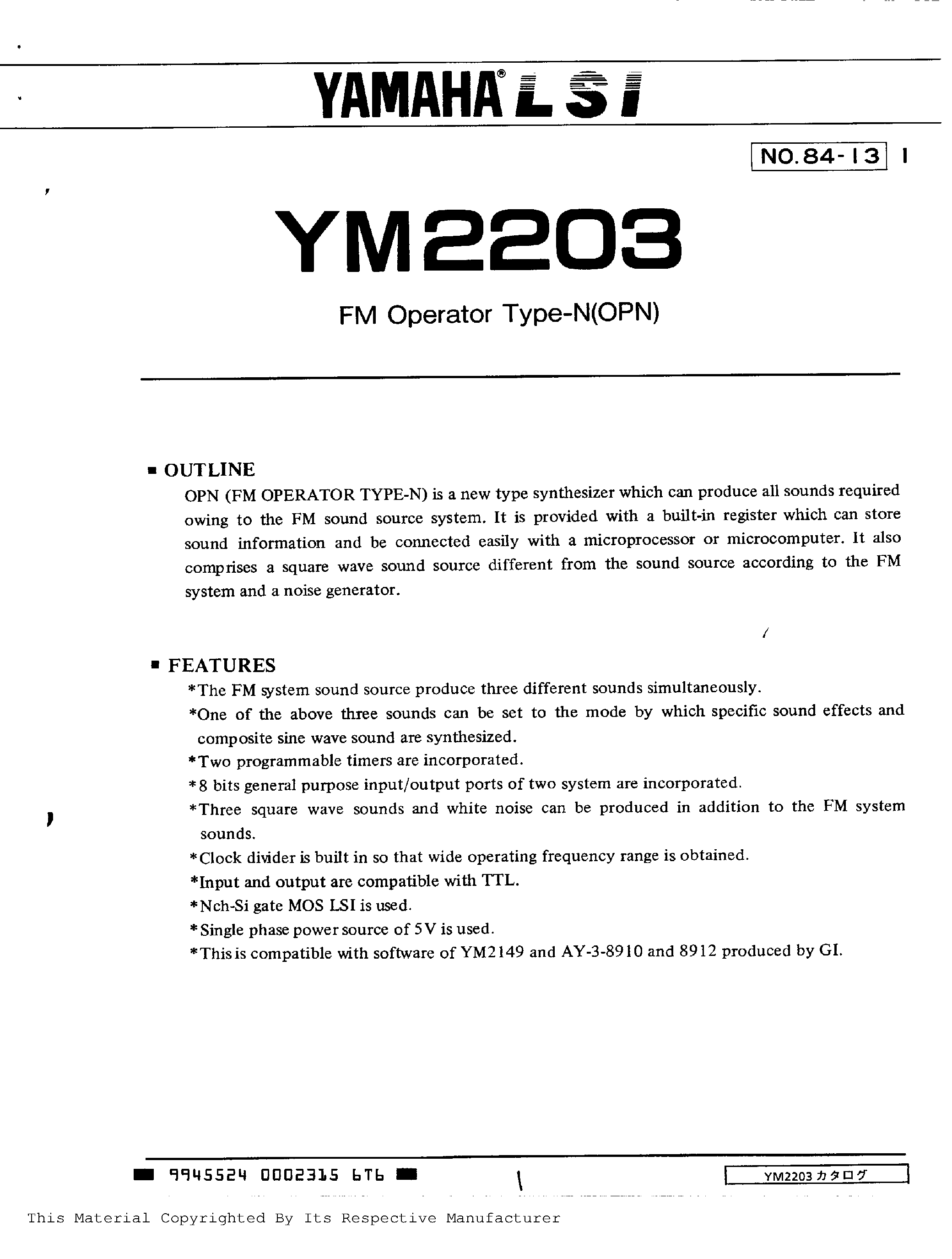 Даташит YM2203 - FM Operator Type-N(OPN) страница 1