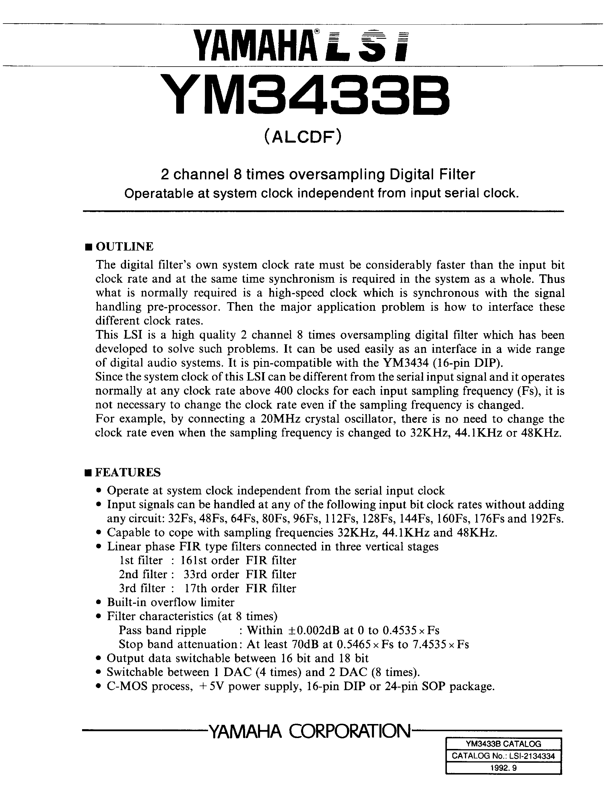 Datasheet YM3433B - 2 CHANNEL 8 TIMES OVERSAMPLING DIGITAL FILTER page 1