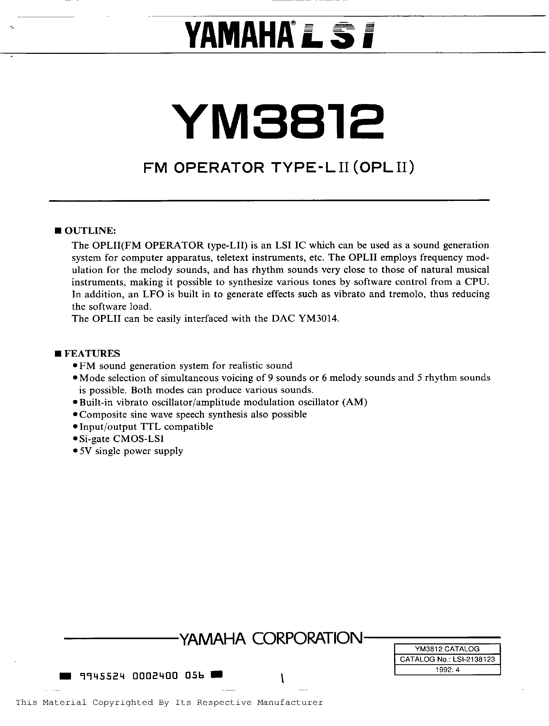 Datasheet YM3812 - FM OPERATOR TYPE L 2 page 1