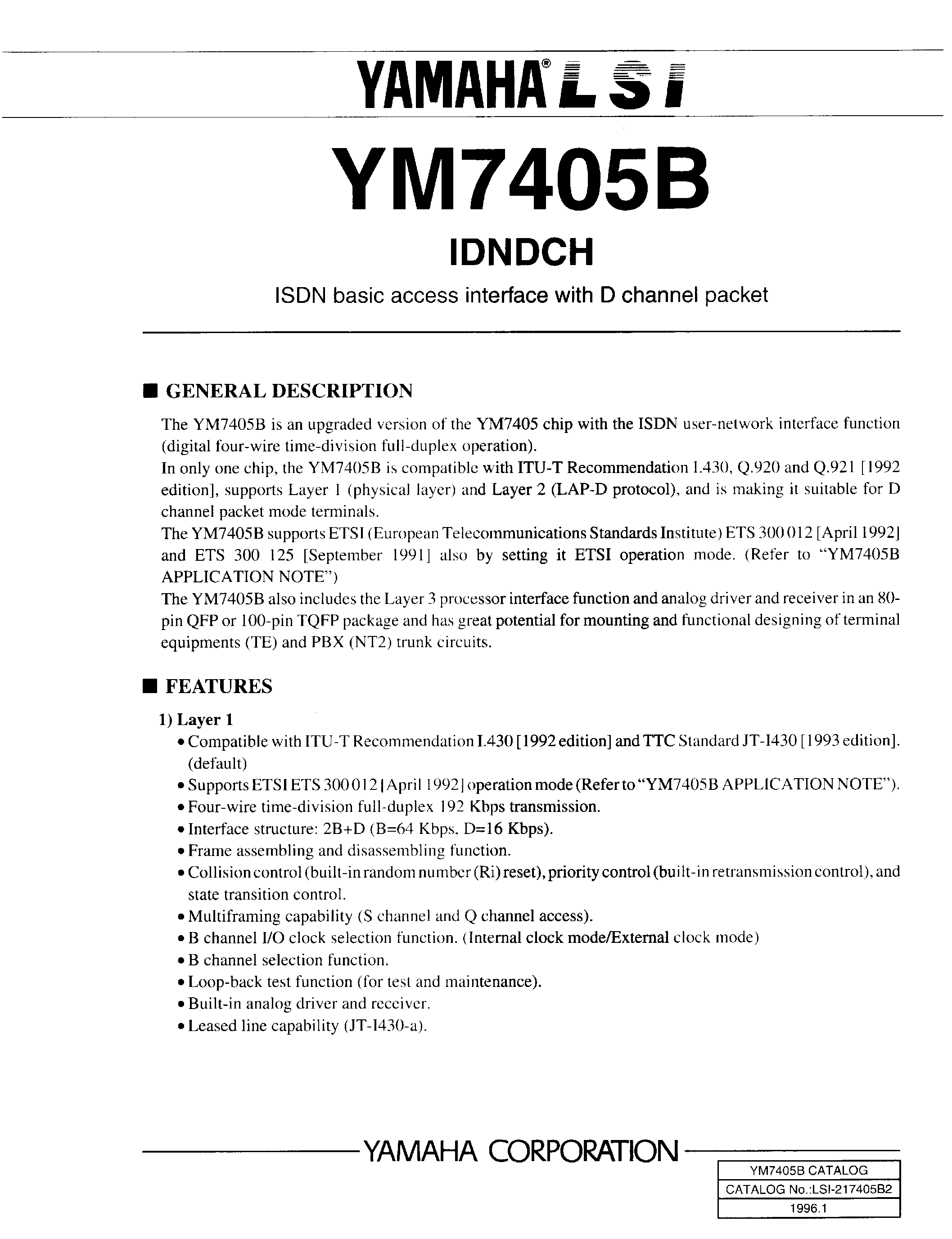 Datasheet YM7405B - ISDN BASIC ACCESS INTERFACE WITH D CHANNEL PACKET page 1
