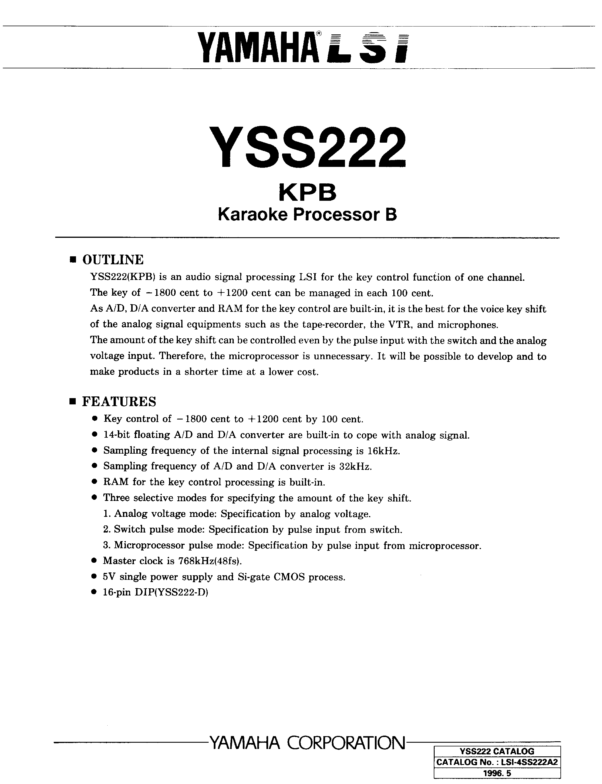 Даташит YSS222 - KPB KARAOKE PROCESSOR B страница 1