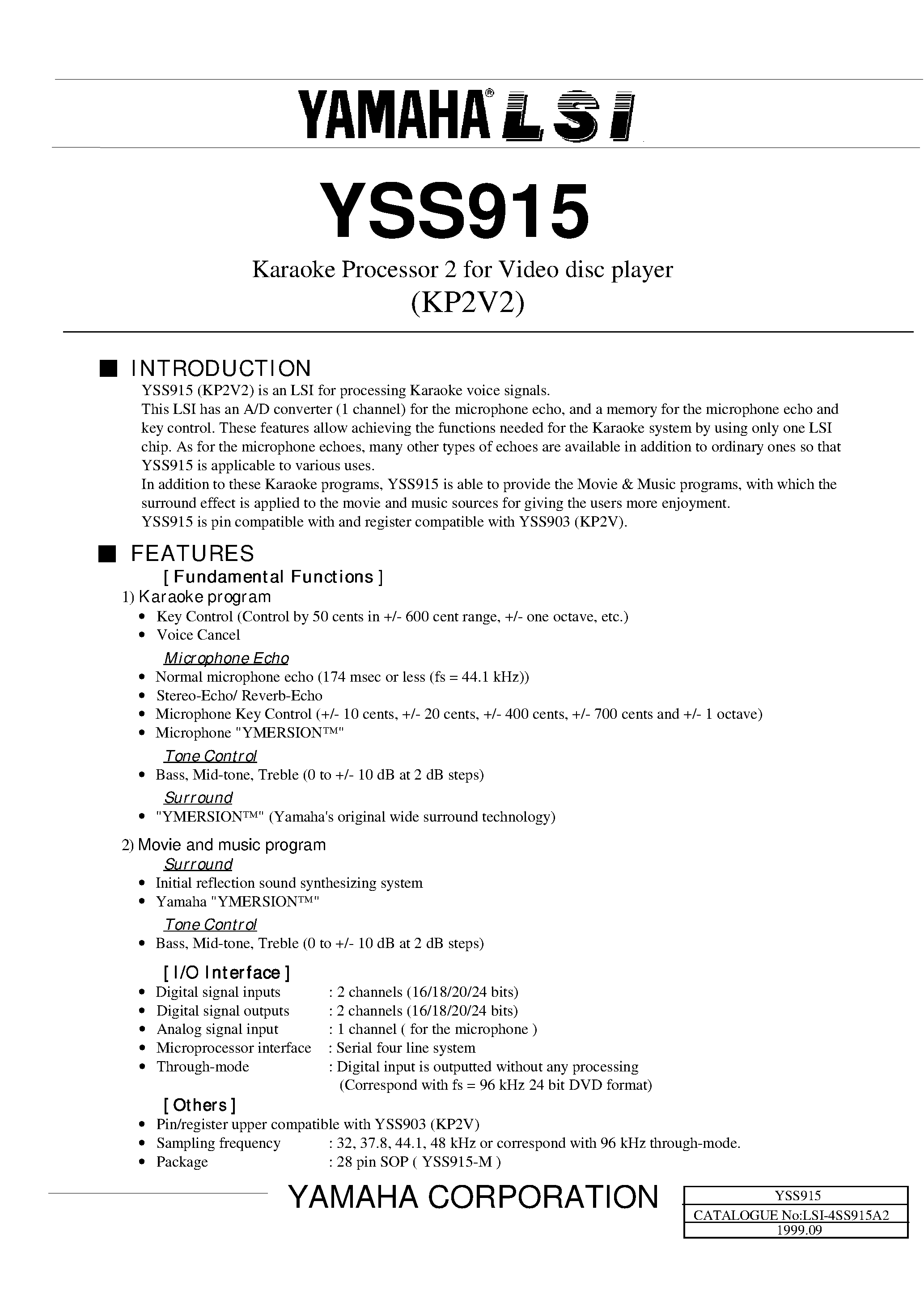 Даташит YSS915 - Karaoke Processor 2 for Video disc player страница 1