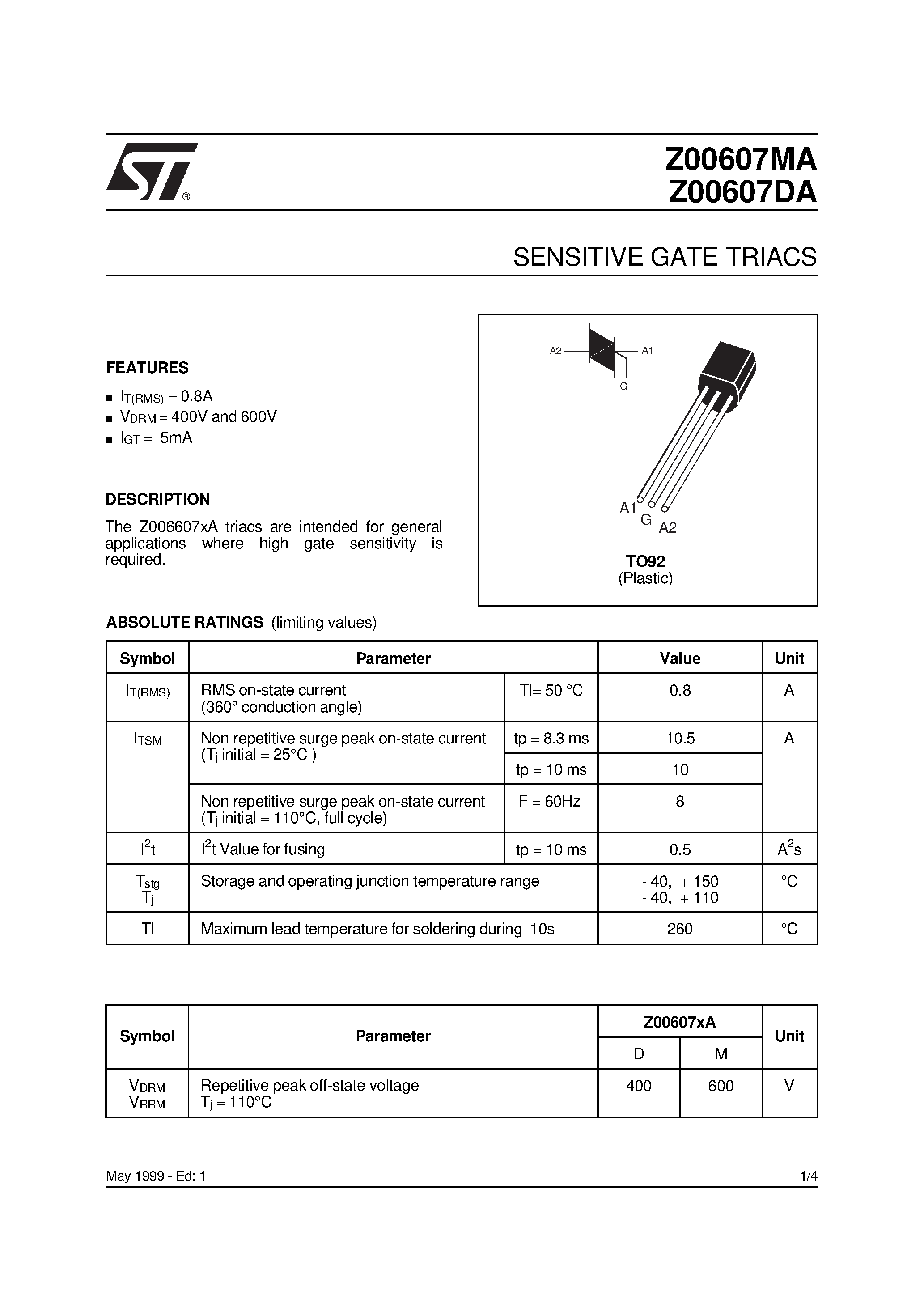 Даташит Z00607MA1BA2 - SENSITIVE GATE TRIACS страница 1