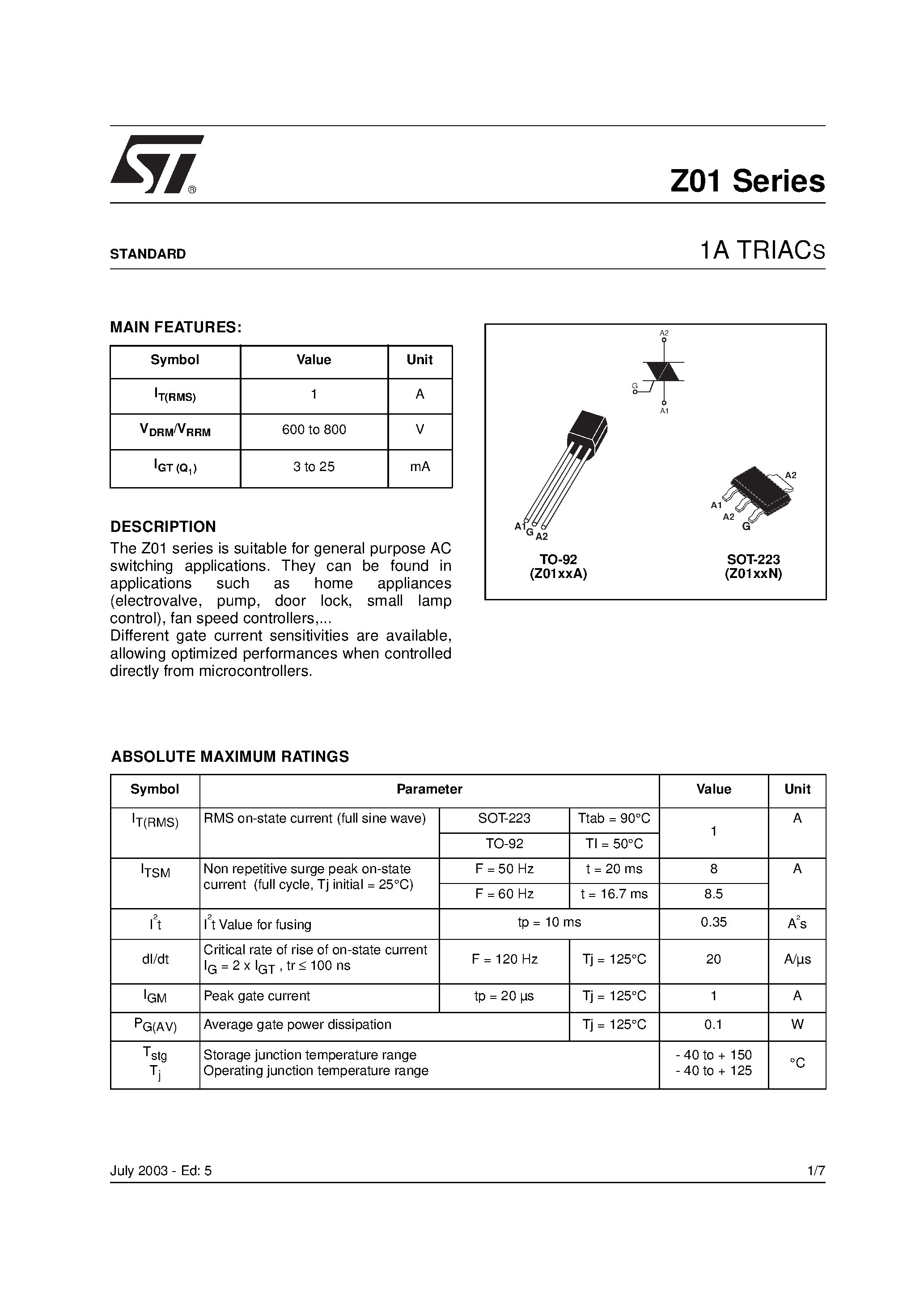 Даташит Z0109NN - 1A TRIACS страница 1