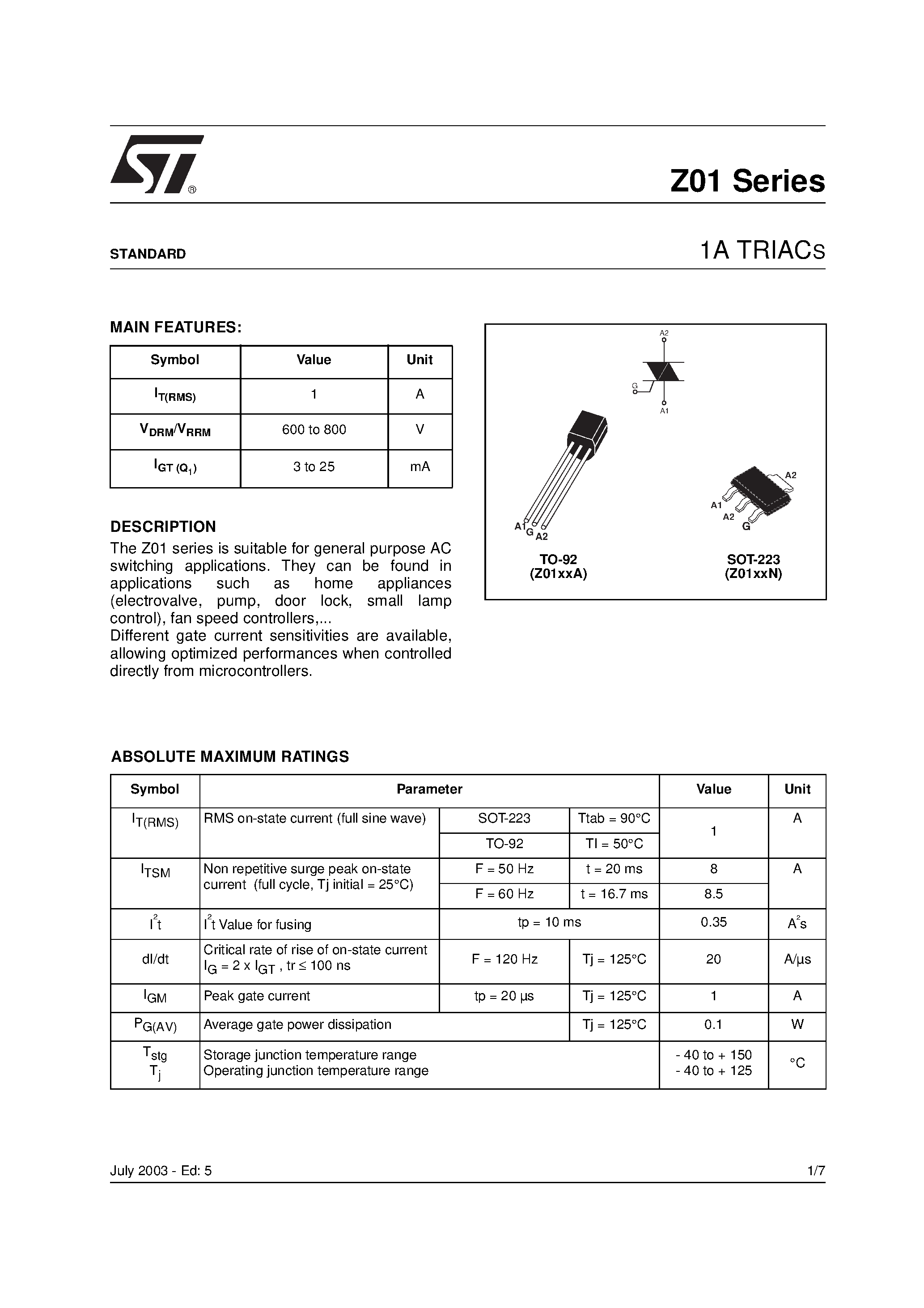 Datasheet Z0110SN1AA2 - 1A TRIACS page 1