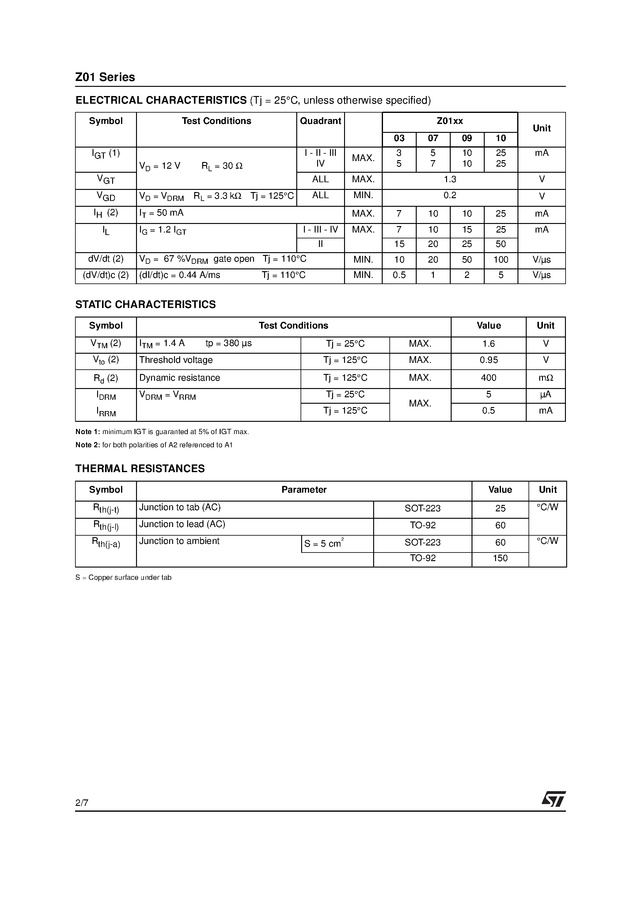 Datasheet Z0110SN1AA2 - 1A TRIACS page 2
