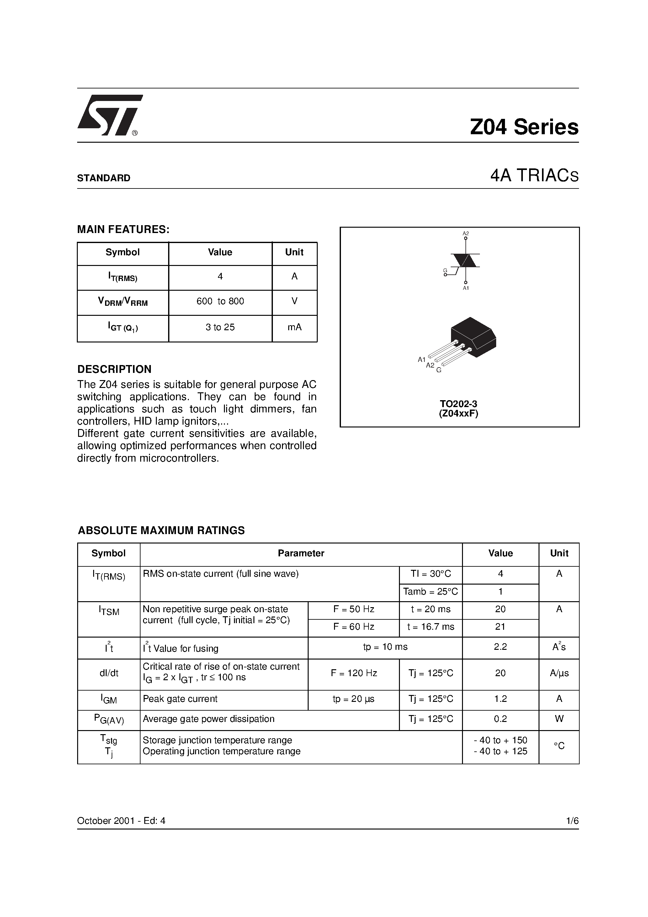 Datasheet Z0409MF - 4A TRIACS page 1