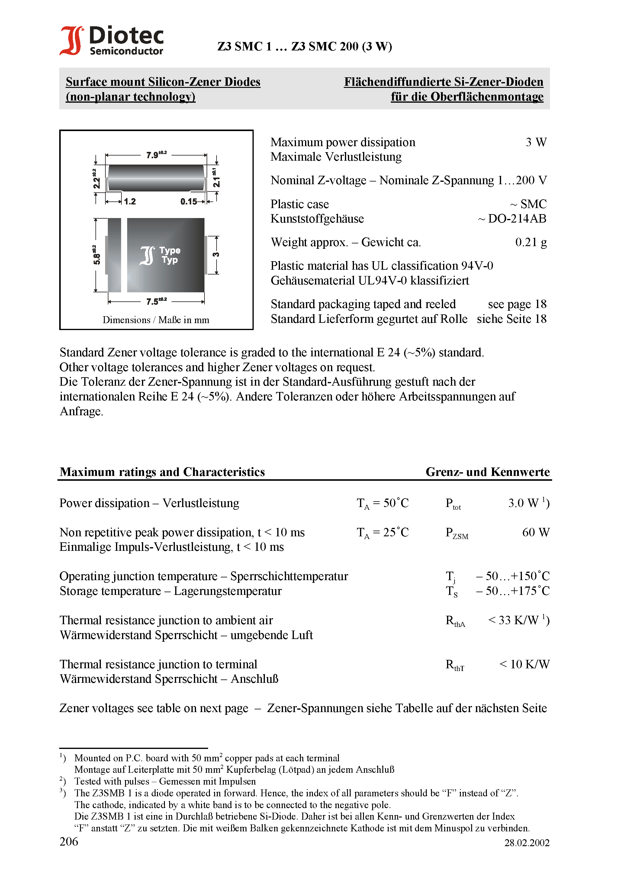 Datasheet Z3SMC6.8 page 1 Datasheet Z3SMC6.8 - Surface mount Silicon-Zener Diodes (non-planar technology) page 1