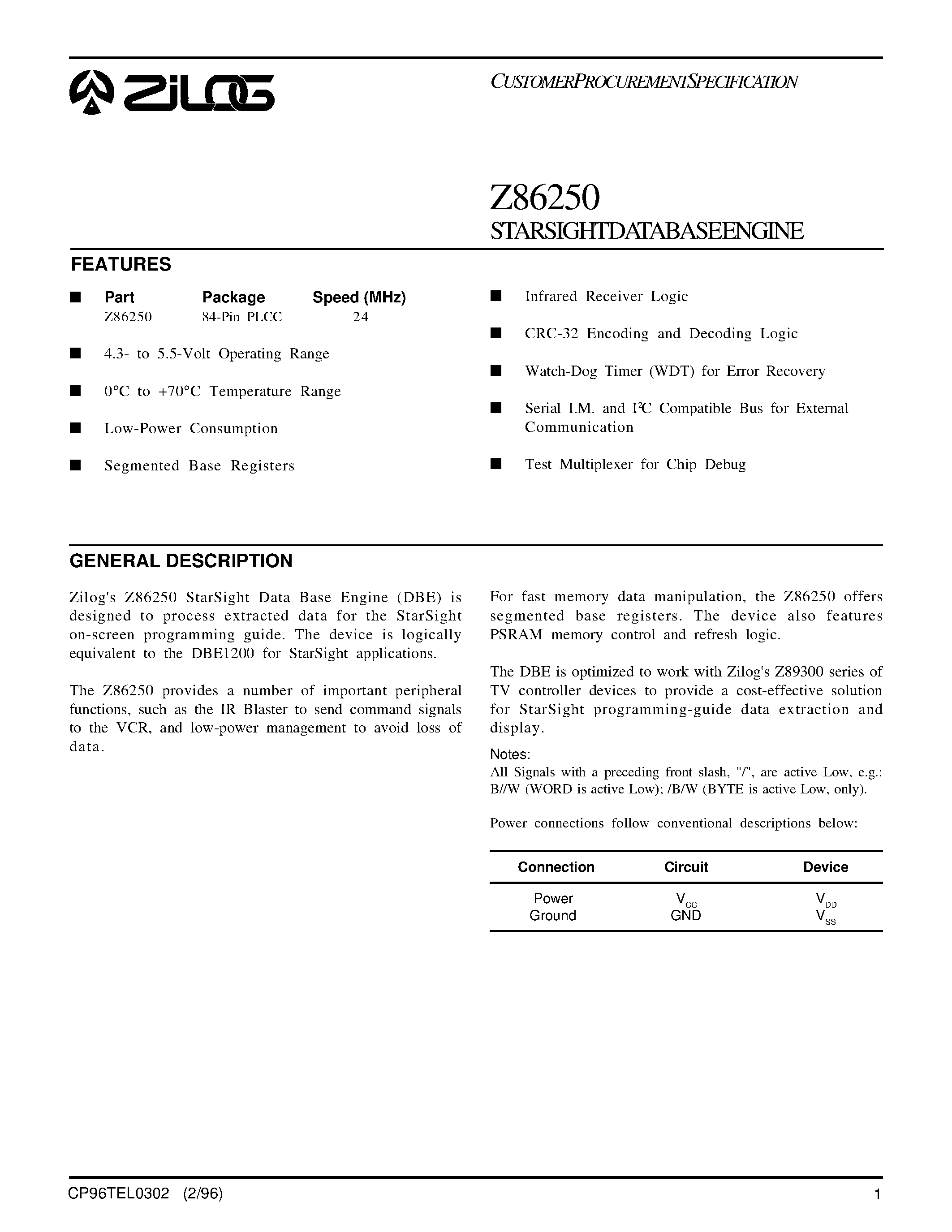 Даташит на микросхему Z86250 страница 1 Даташит Z86250 - STARSIGHT DATABASEENGINE страница 1