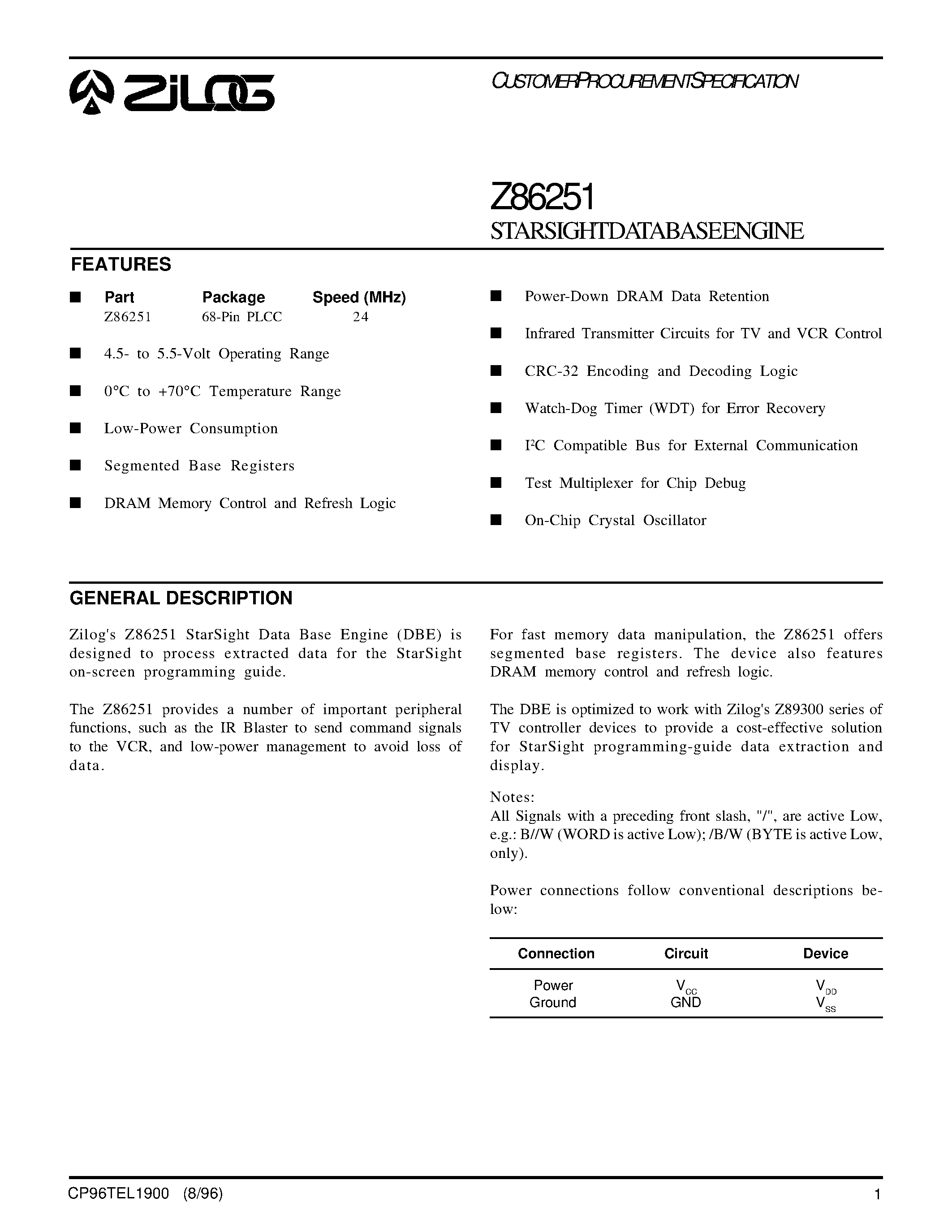 Даташит на микросхему Z86251 страница 1 Даташит Z86251 - STARSIGHT DATABASEENGINE страница 1