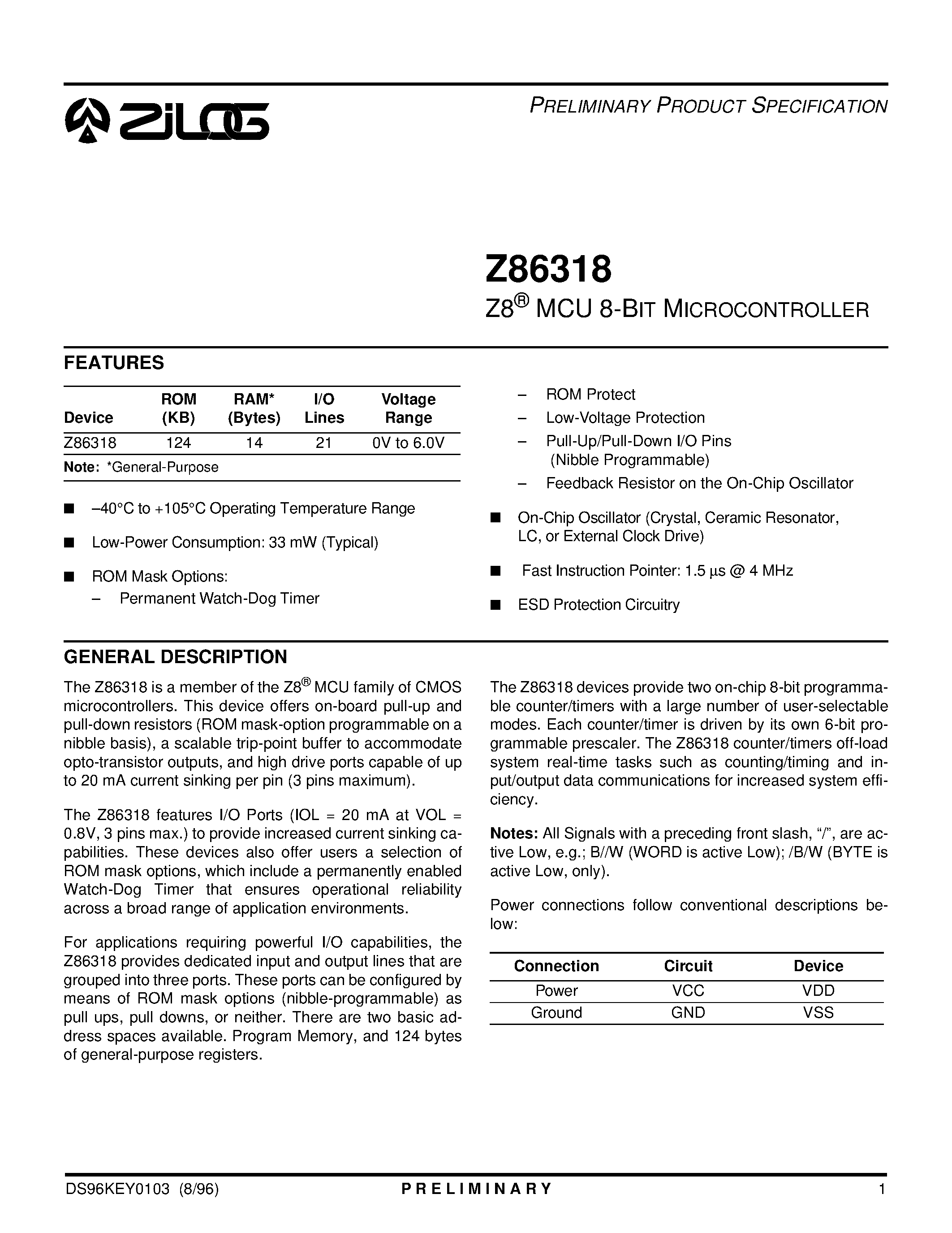 Даташит на микросхему Z86318 страница 1 Даташит Z86318 - Z8 MCU 8-BIT MICROCONTROLLER страница 1