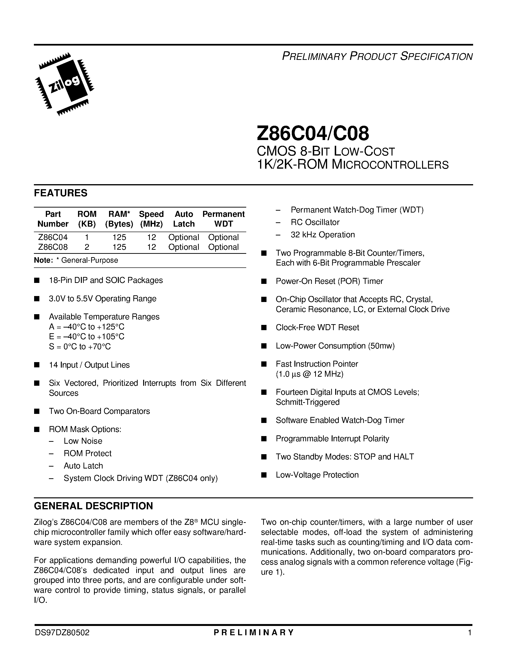 Даташит на микросхему Z86C04 страница 1 Даташит Z86C04 - CMOS 8-BIT LOW-COST 1K/2K-ROM MICROCONTROLLERS страница 1