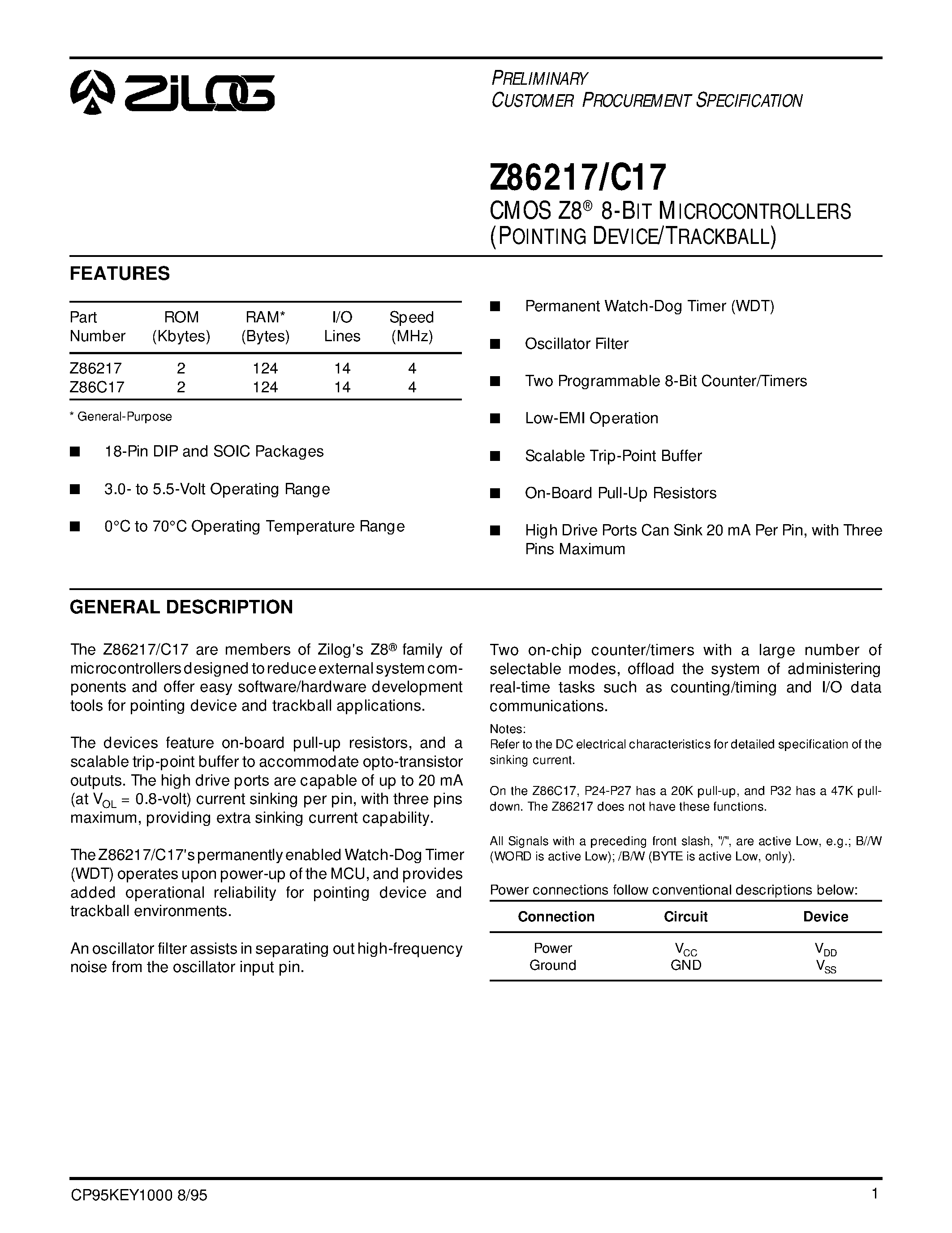 Даташит на микросхему Z86C17 страница 1 Даташит Z86C17 - CMOS Z8 8-BIT MICROCONTROLLERS (POINTING DEVICE/TRACKBALL) страница 1
