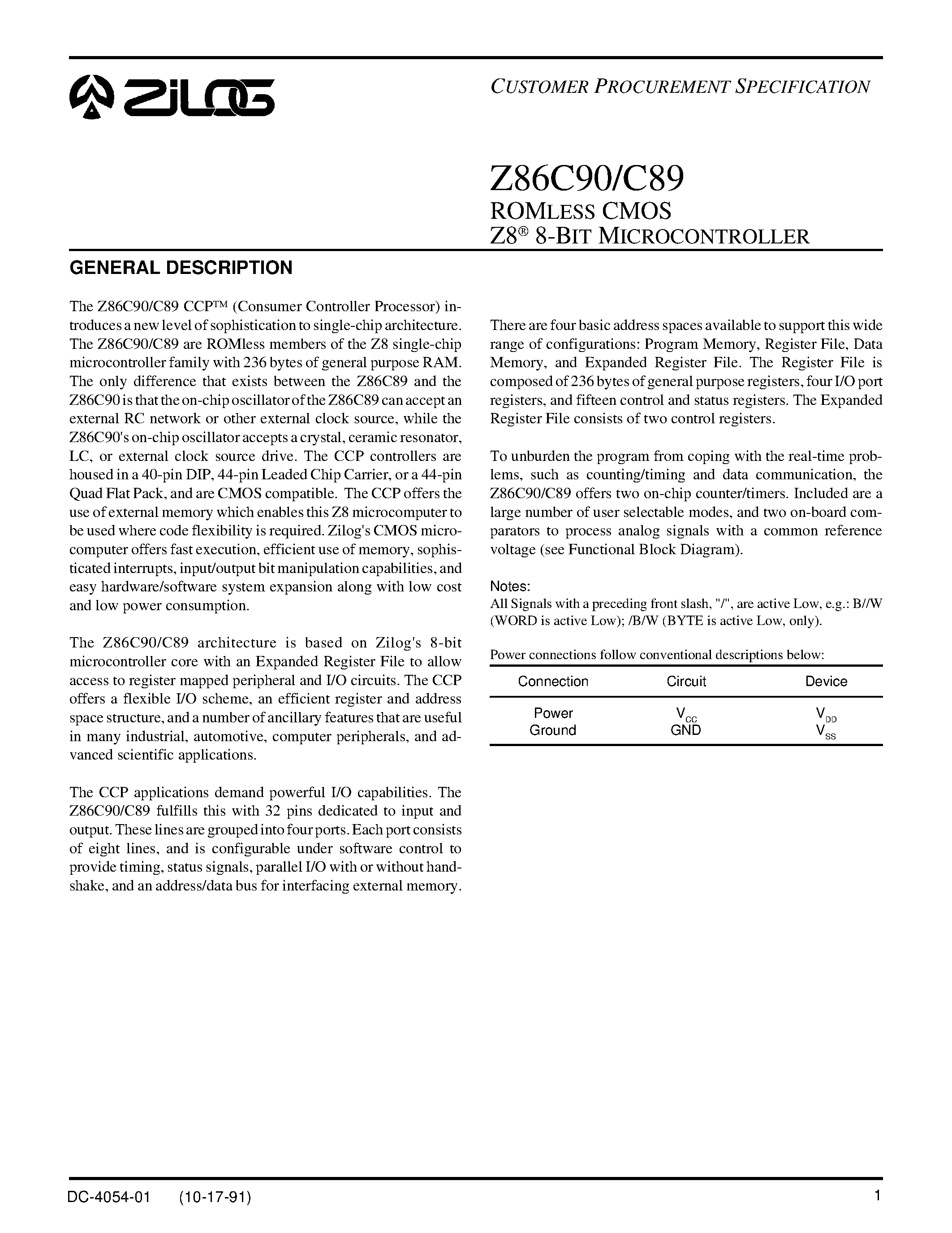 Даташит на микросхему Z86C89 страница 1 Даташит Z86C89 - ROMLESS CMOS Z8 8-BIT MICROCONTROLLER страница 1