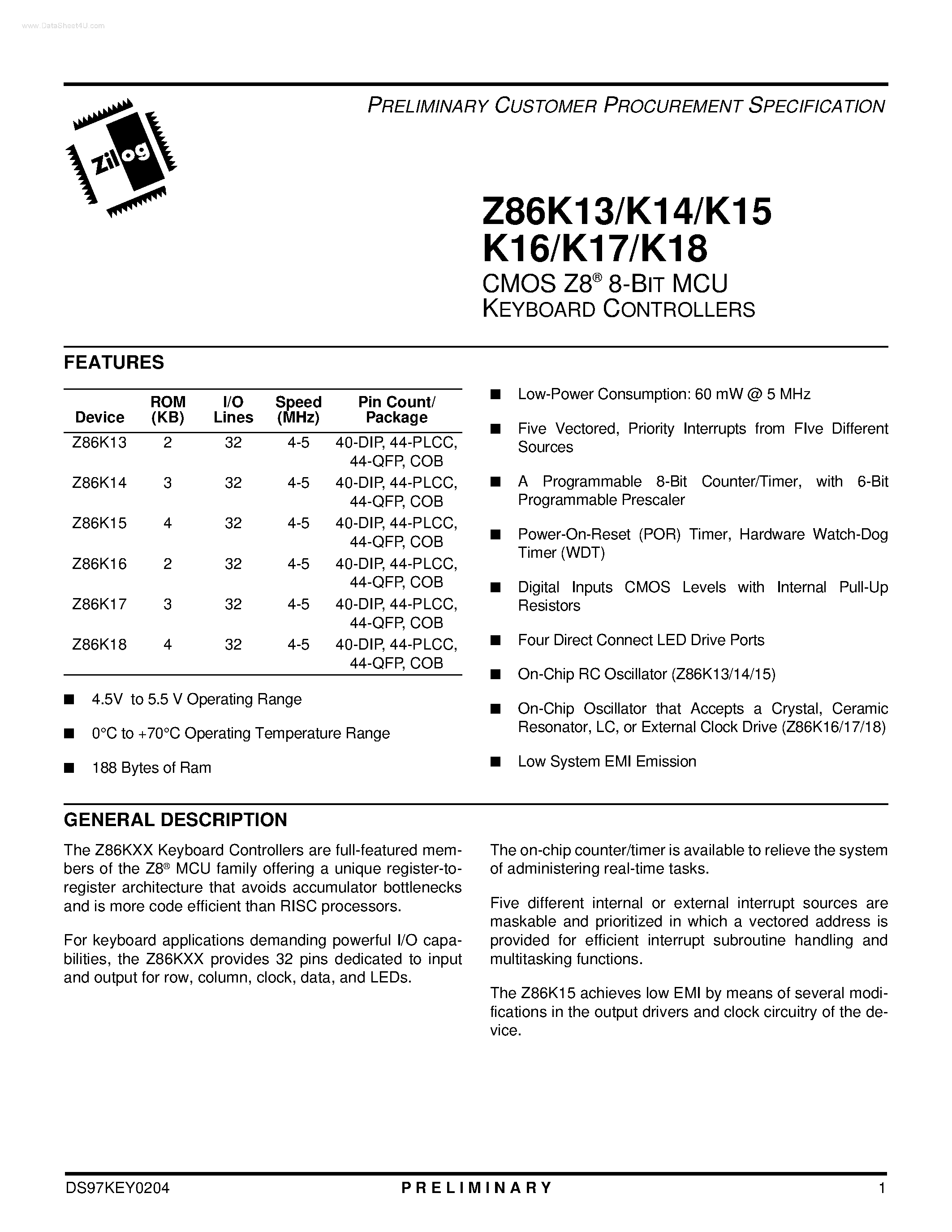 Даташит Z86K15 - CMOS Z8 8-Bit MCU Keyboard Controllers страница 1