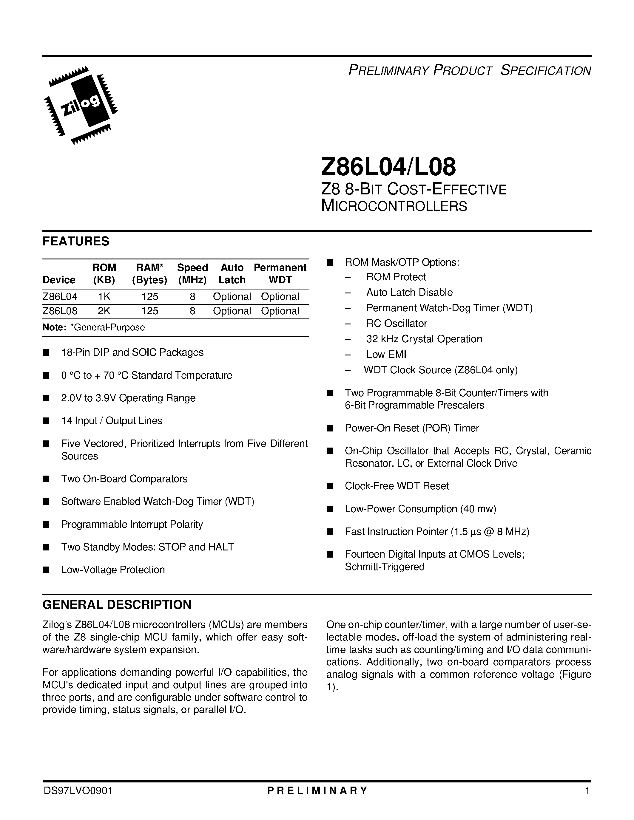 Даташит на микросхему Z86L04 страница 1 Даташит Z86L04 - Z8 8-Bit Cost-Effective Microcontrollers страница 1
