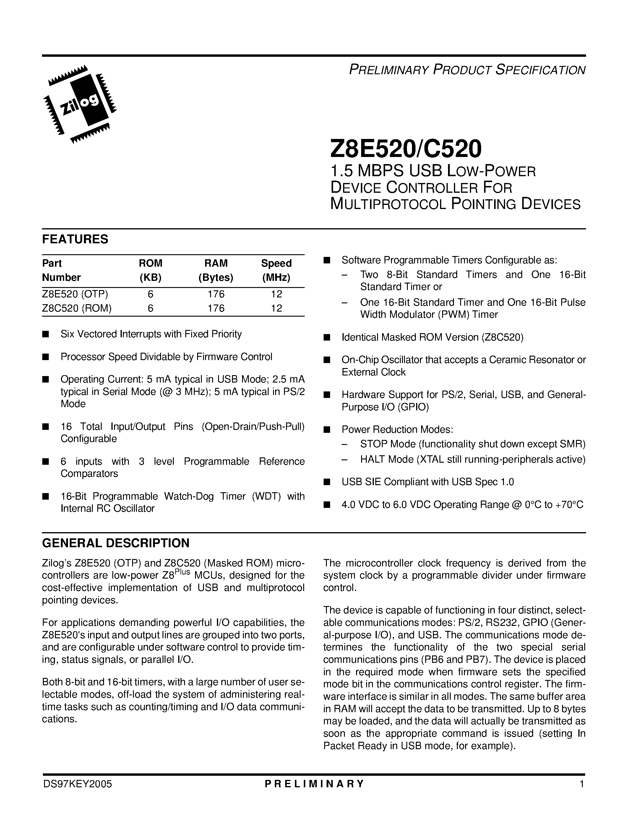 Datasheet Z8C520 - 1.5 MBPS USB Device Controller page 1