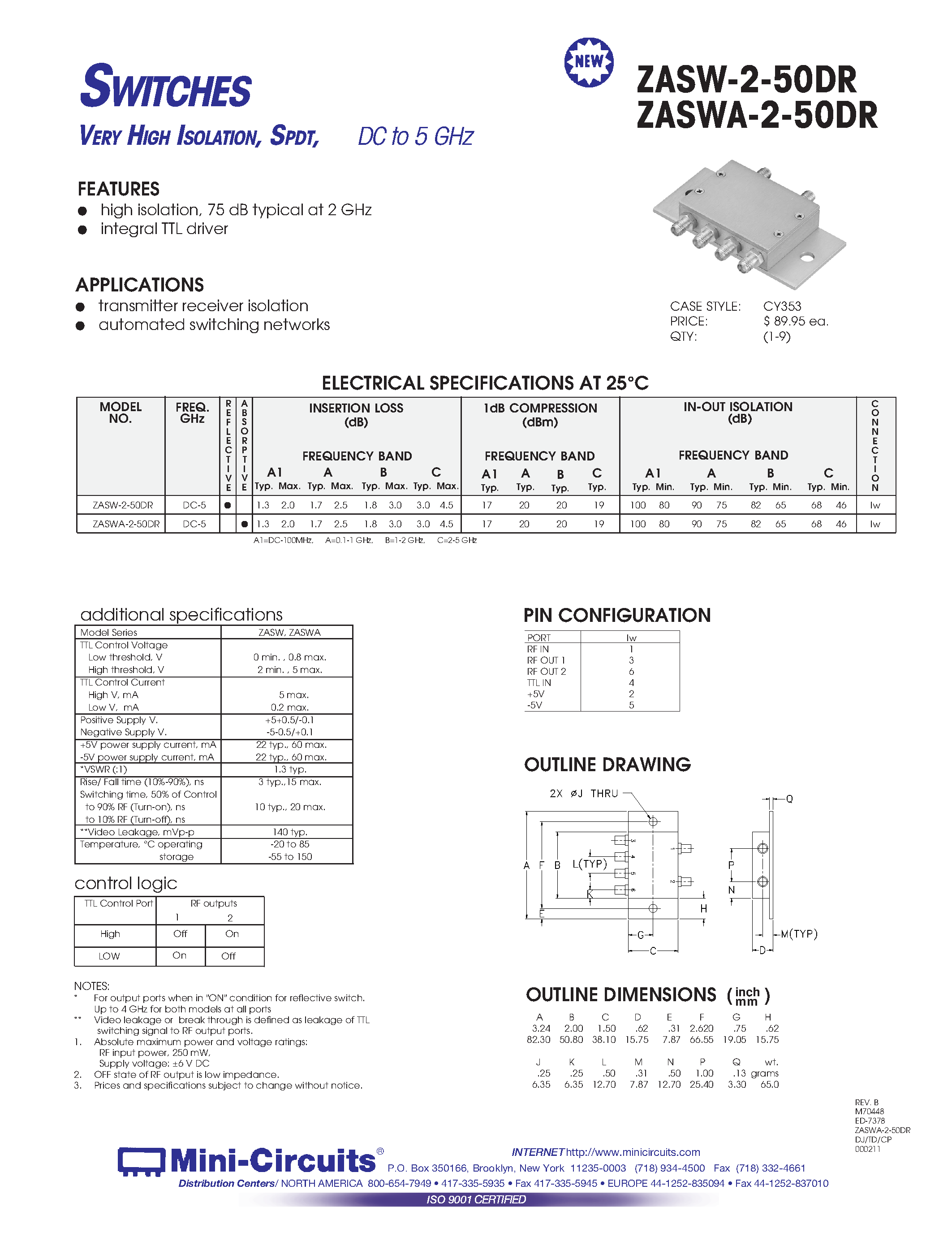 Даташит на микросхему ZASW-2-50DR страница 1 Даташит ZASW-2-50DR - SWITCHES VERY HIGH ISOLATION/ SPDT/ DC to 5 GHz страница 1