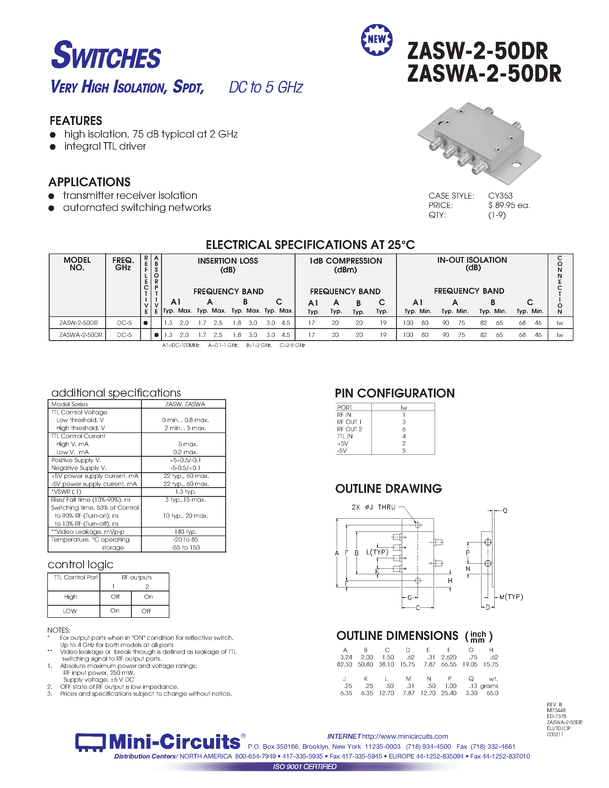 Datasheet ZASW-2-50DR - SWITCHES VERY HIGH ISOLATION/ SPDT/ DC to 5 GHz page 1