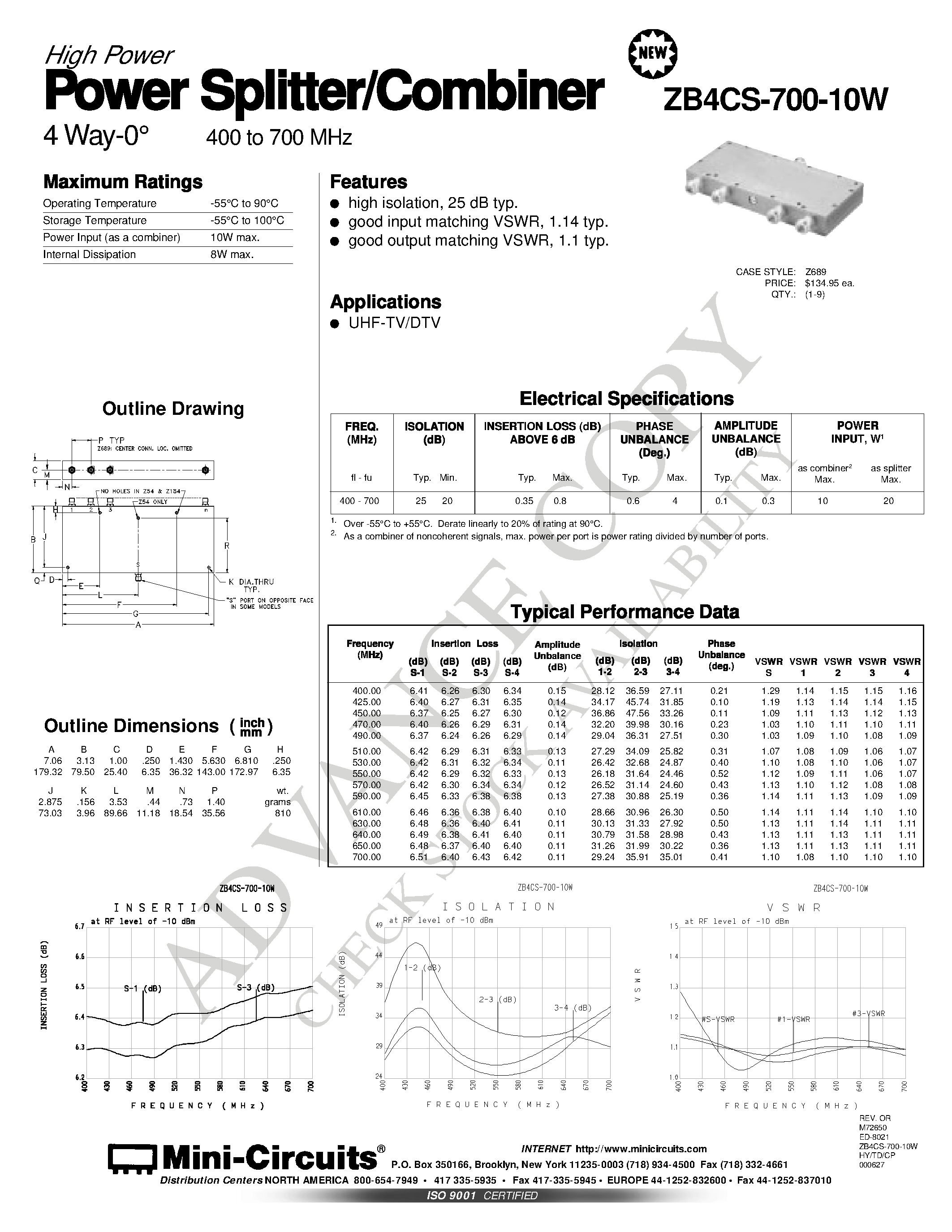 Даташит ZB4CS-700-10W - Power wer Splitter/Combiner 4 Way-0 400 to 700 MHz страница 1