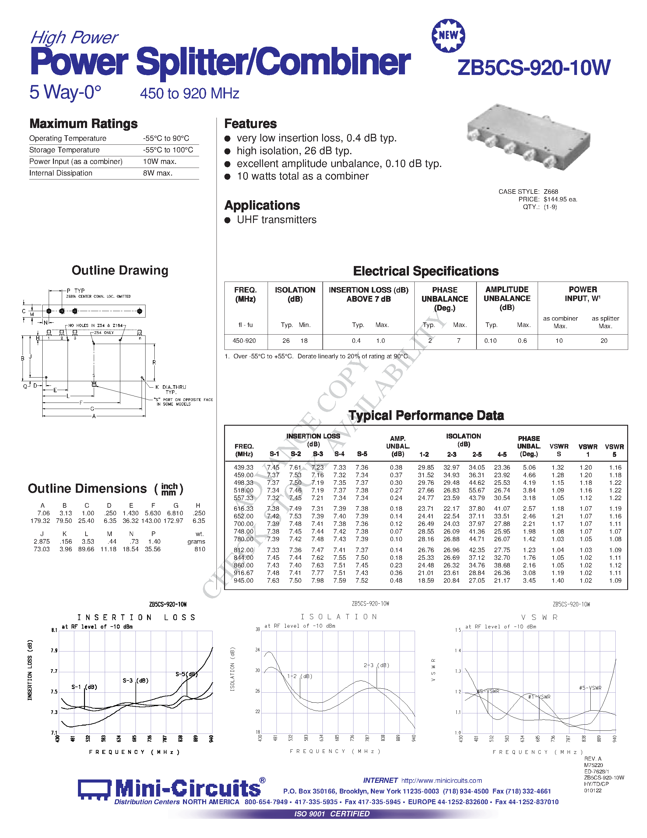 Datasheet ZB5CS-920-10W - Power wer Splitter/Combiner 5 Way-0 450 to 920 MHz page 1