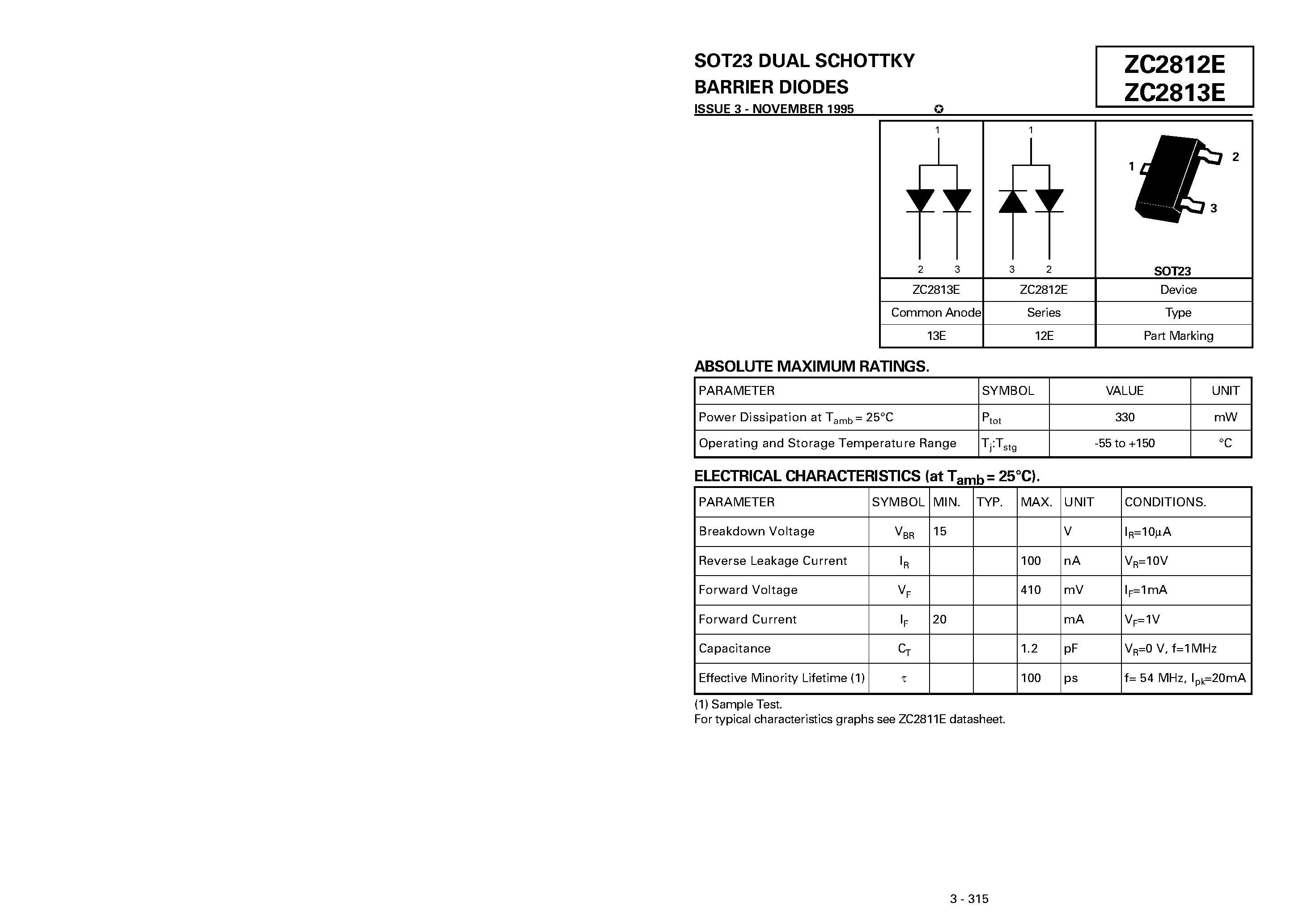 Datasheet ZC2812E - DUAL SCHOTTKY BARRIER DIODES page 1