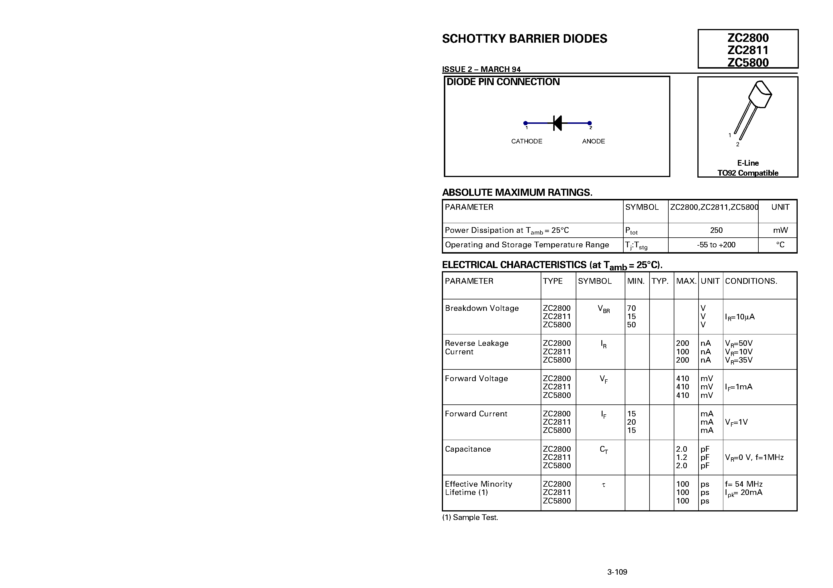 Datasheet ZC5800 - SCHOTTKY BARRIER DIODES page 1