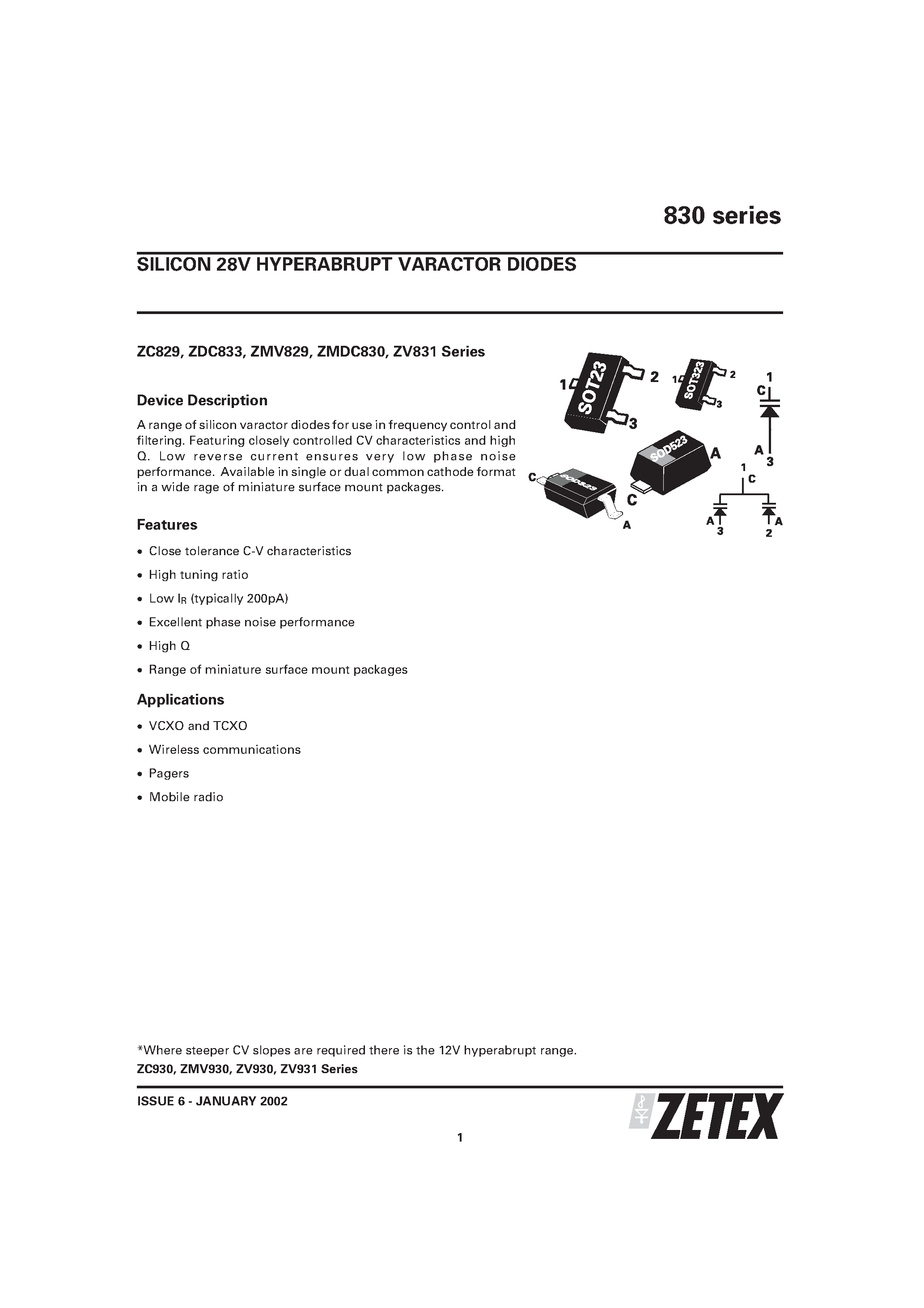 Datasheet ZC831BTA - SILICON 28V HYPERABRUPT VARACTOR DIODES page 1