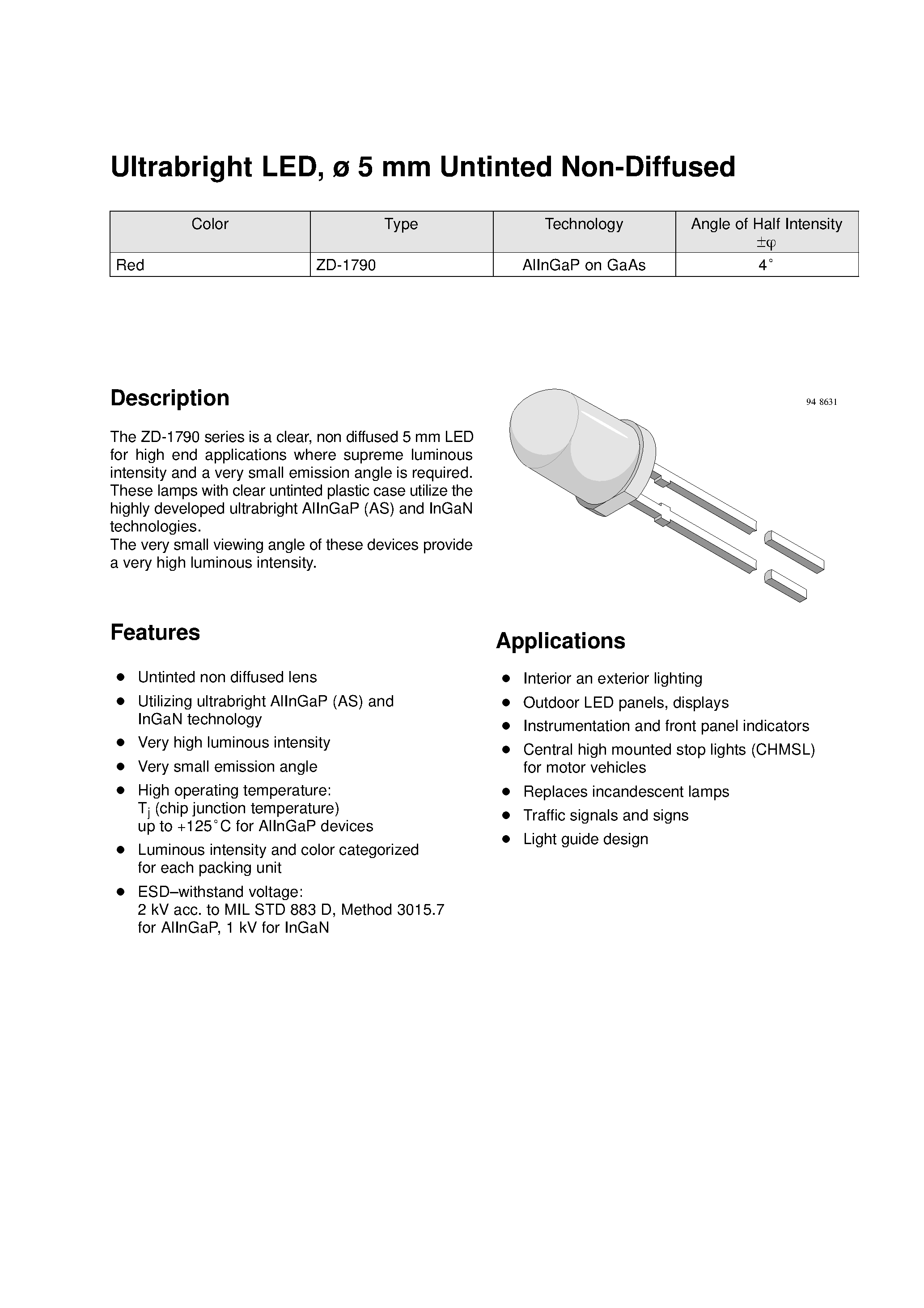 Datasheet ZD-1790 page 1 Datasheet ZD-1790 - Ultrabright LED/ 5 mm Untinted Non-Diffused page 1