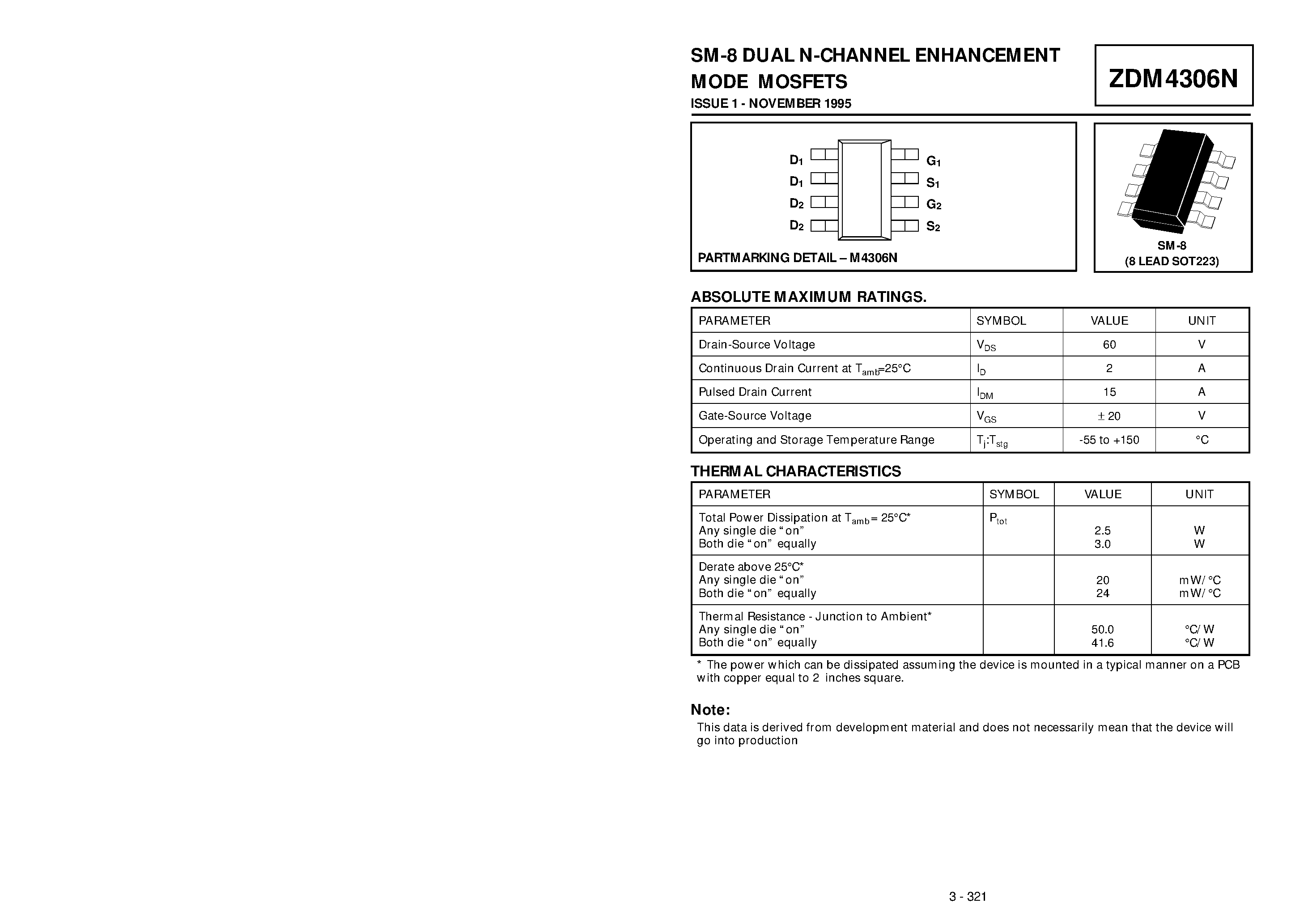 Datasheet ZDM4306N - DUAL N-CHANNEL ENHANCEMENT MODE MOSFETS page 1