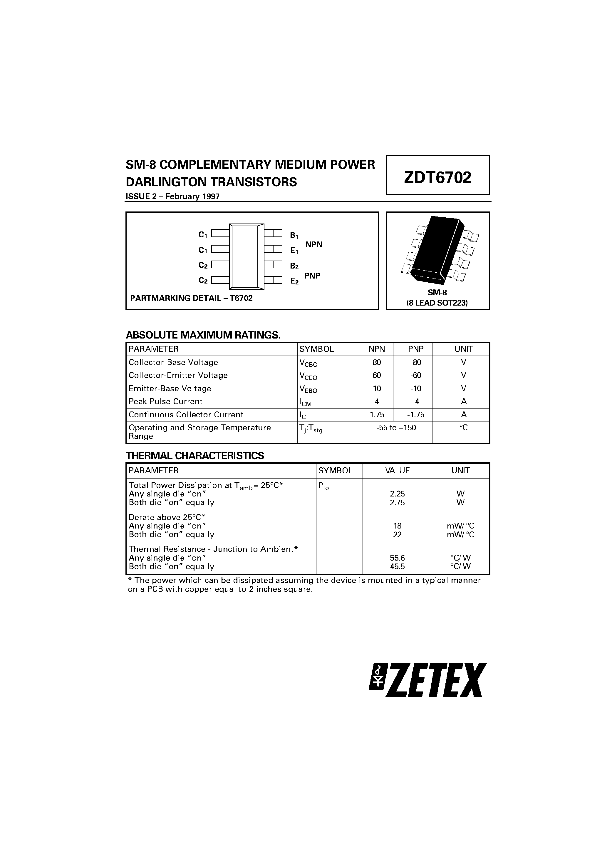 Даташит на микросхему ZDT6702 страница 1 Даташит ZDT6702 - COMPLEMENTARY MEDIUM POWER DARLINGTON TRANSISTORS страница 1
