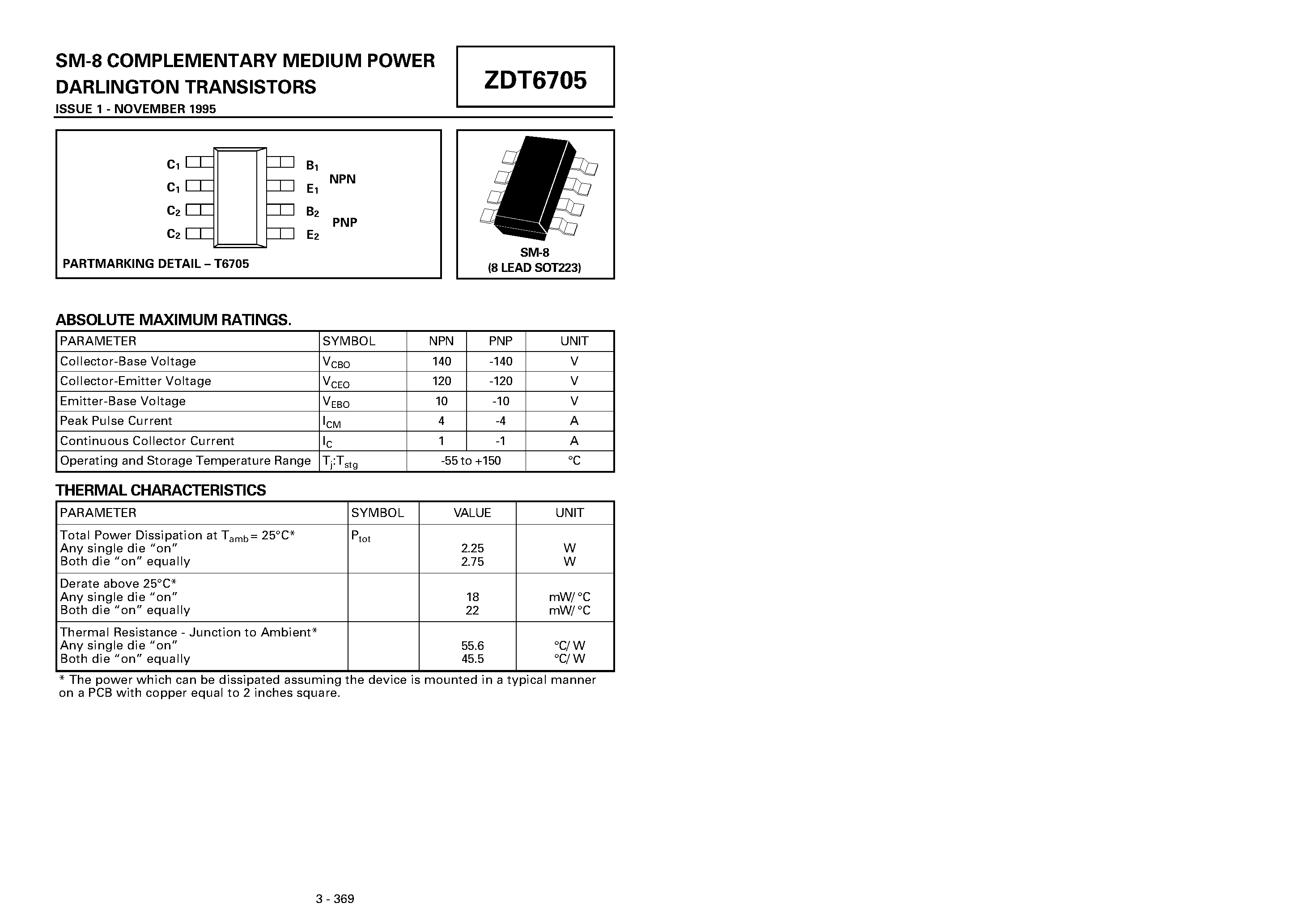 Datasheet ZDT6705 - COMPLEMENTARY MEDIUM POWER DARLINGTON TRANSISTORS page 1
