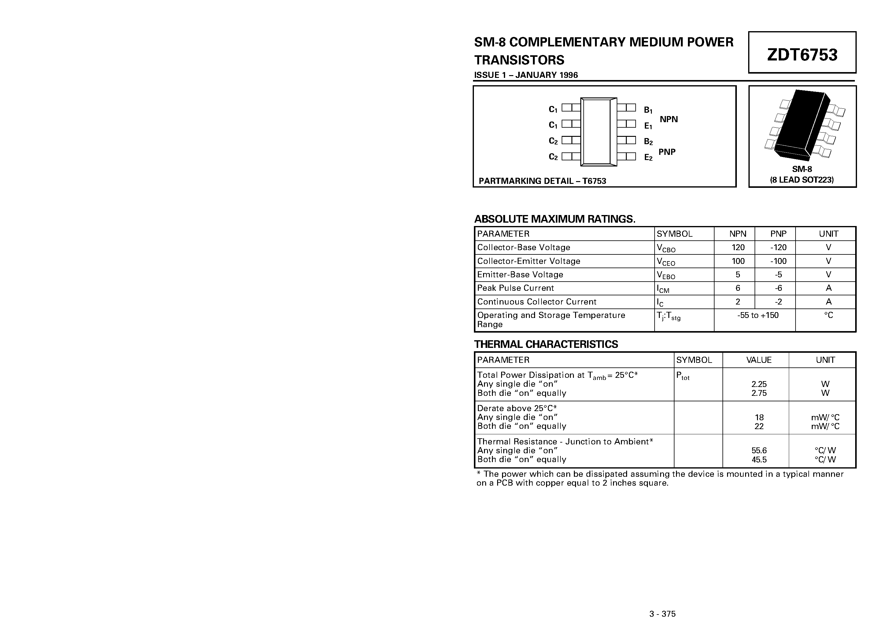 Datasheet ZDT6753 - COMPLEMENTARY MEDIUM POWER TRANSISTORS page 1