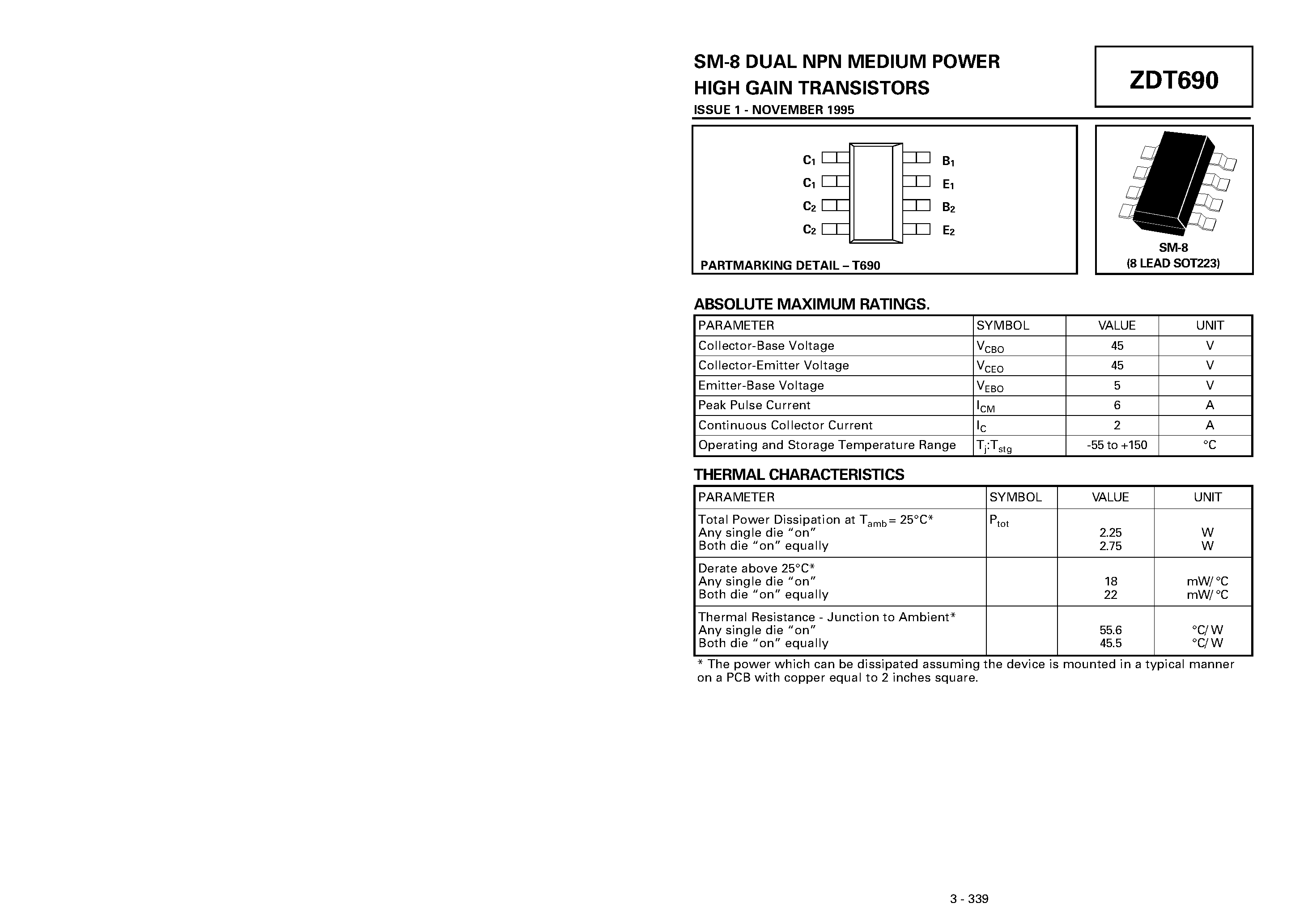 Datasheet ZDT690 - DUAL NPN MEDIUM POWER HIGH GAIN TRANSISTORS page 1