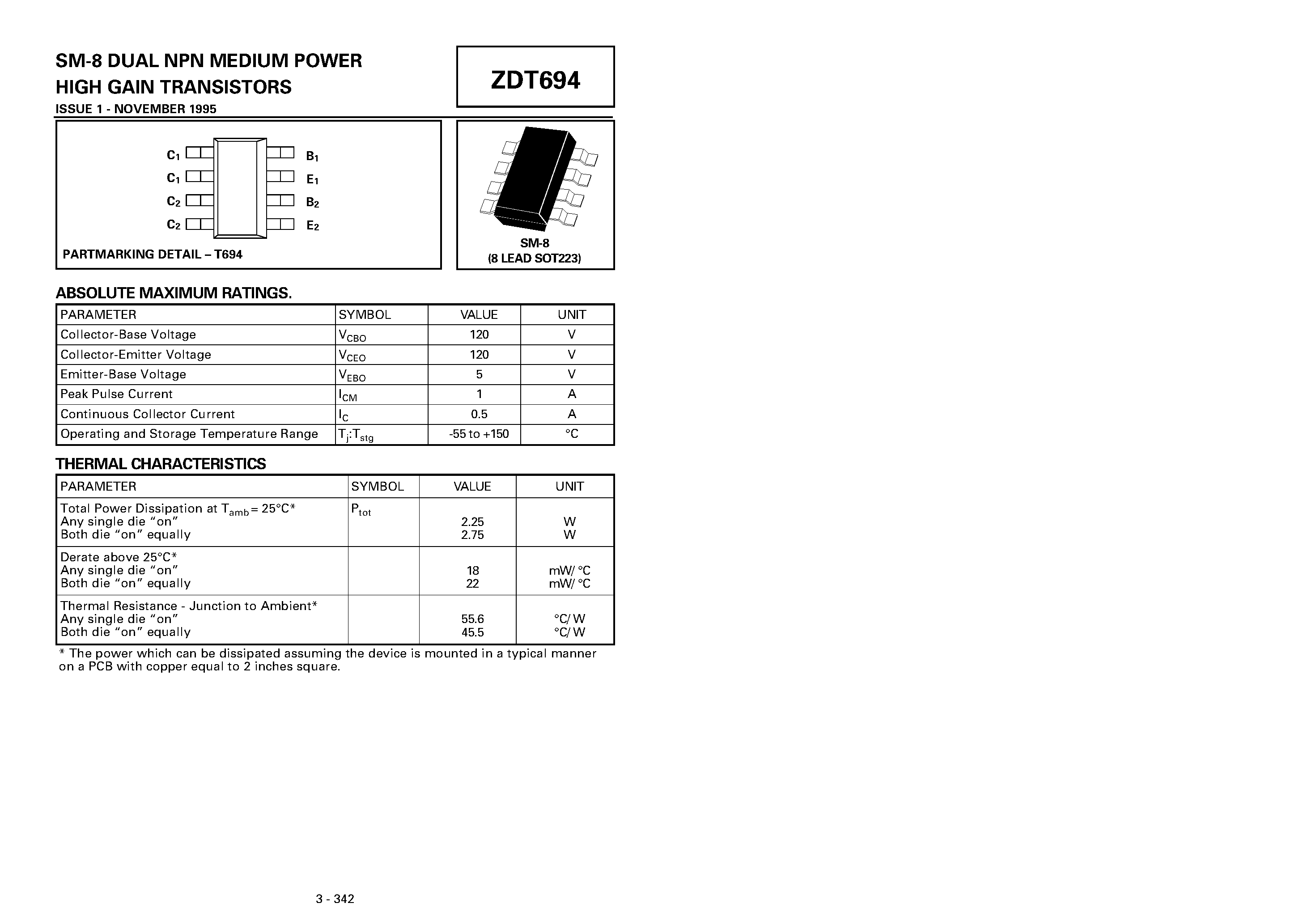 Datasheet ZDT694 - DUAL NPN MEDIUM POWER HIGH GAIN TRANSISTORS page 1