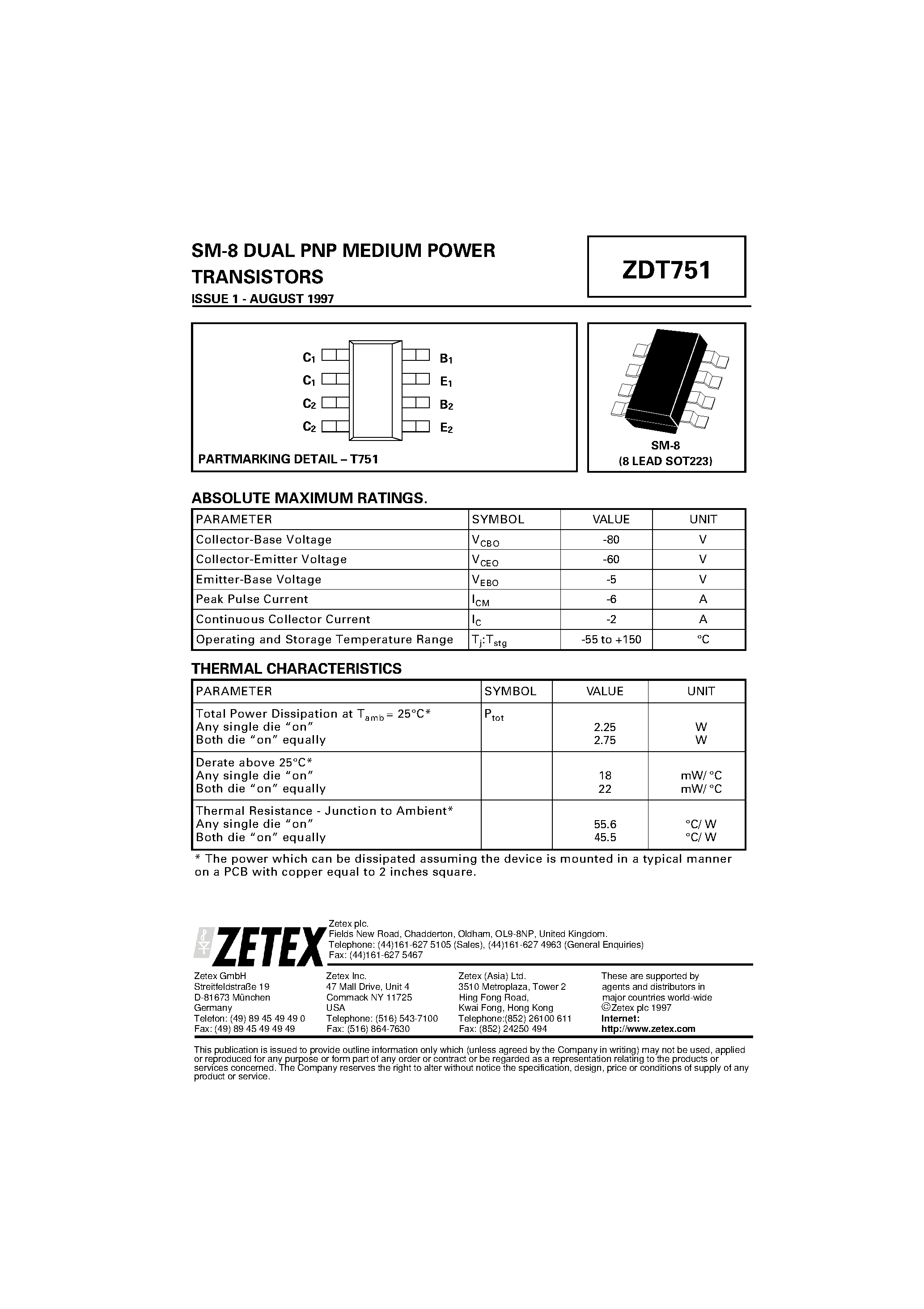 Datasheet ZDT751 - DUAL PNP MEDIUM POWER TRANSISTORS page 1