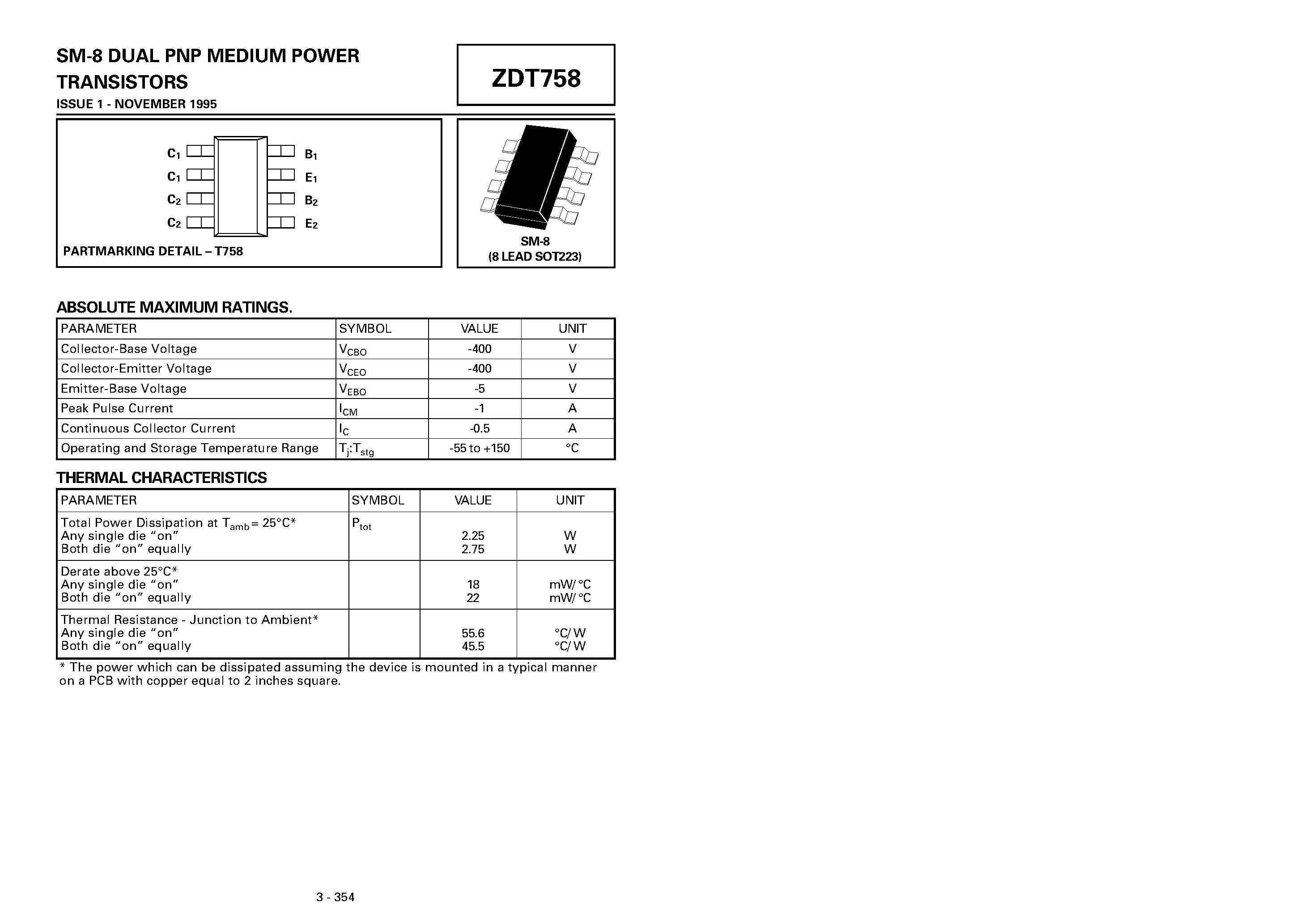Datasheet ZDT758 - DUAL PNP MEDIUM POWER TRANSISTORS page 1