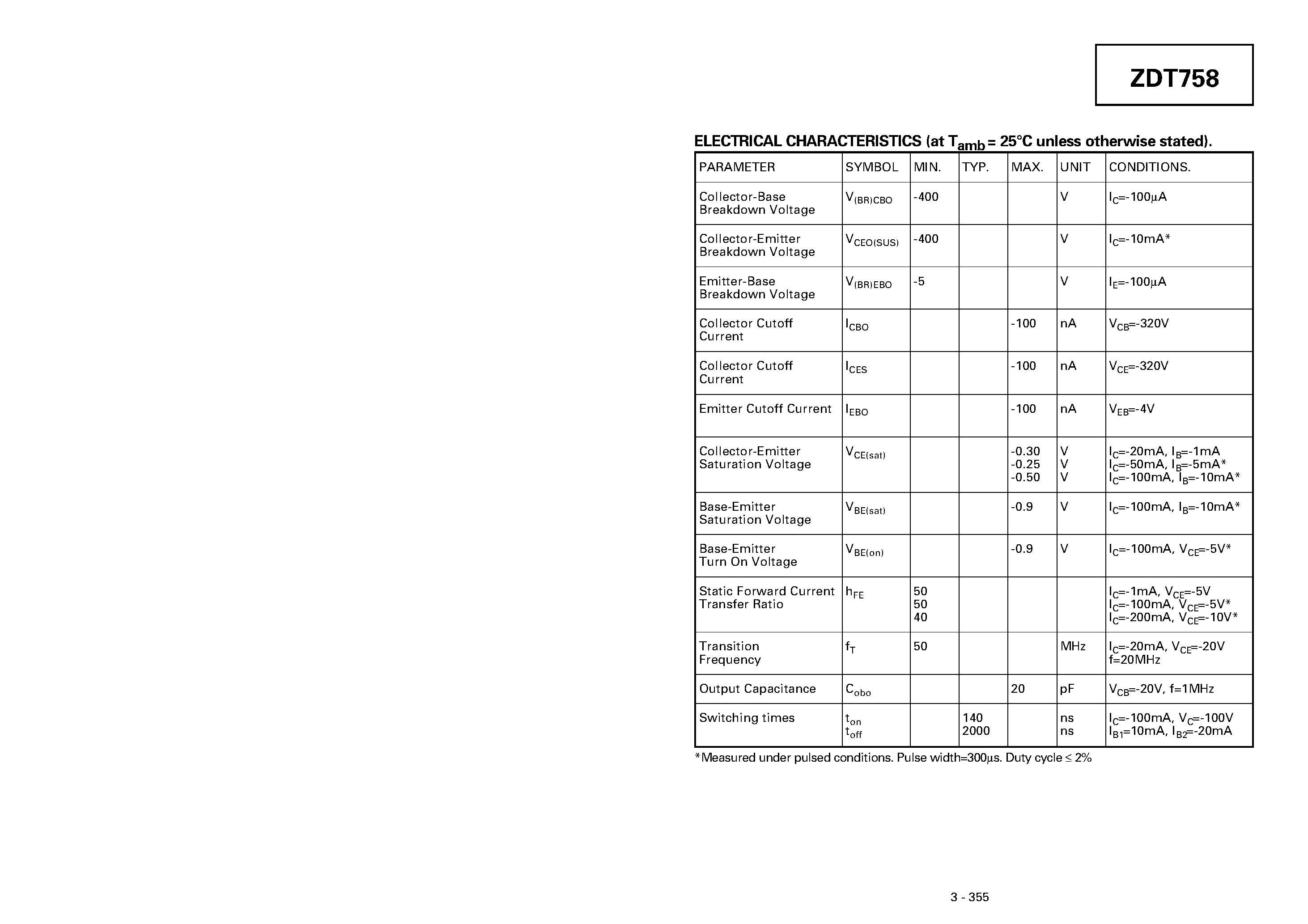 Datasheet ZDT758 - DUAL PNP MEDIUM POWER TRANSISTORS page 2