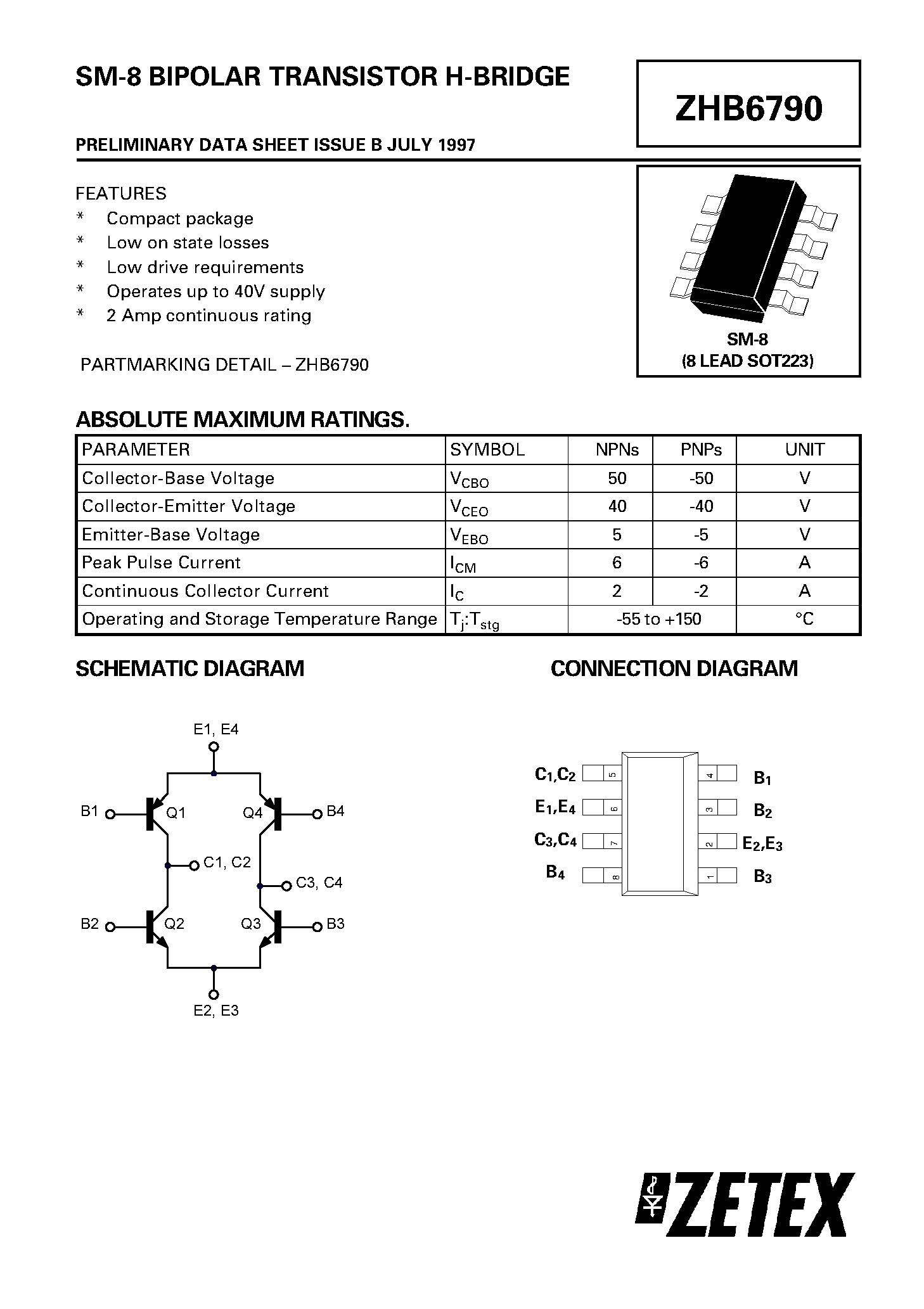 Datasheet ZHB6790 page 1 Datasheet ZHB6790 - BIPOLAR TRANSISTOR H-BRIDGE page 1