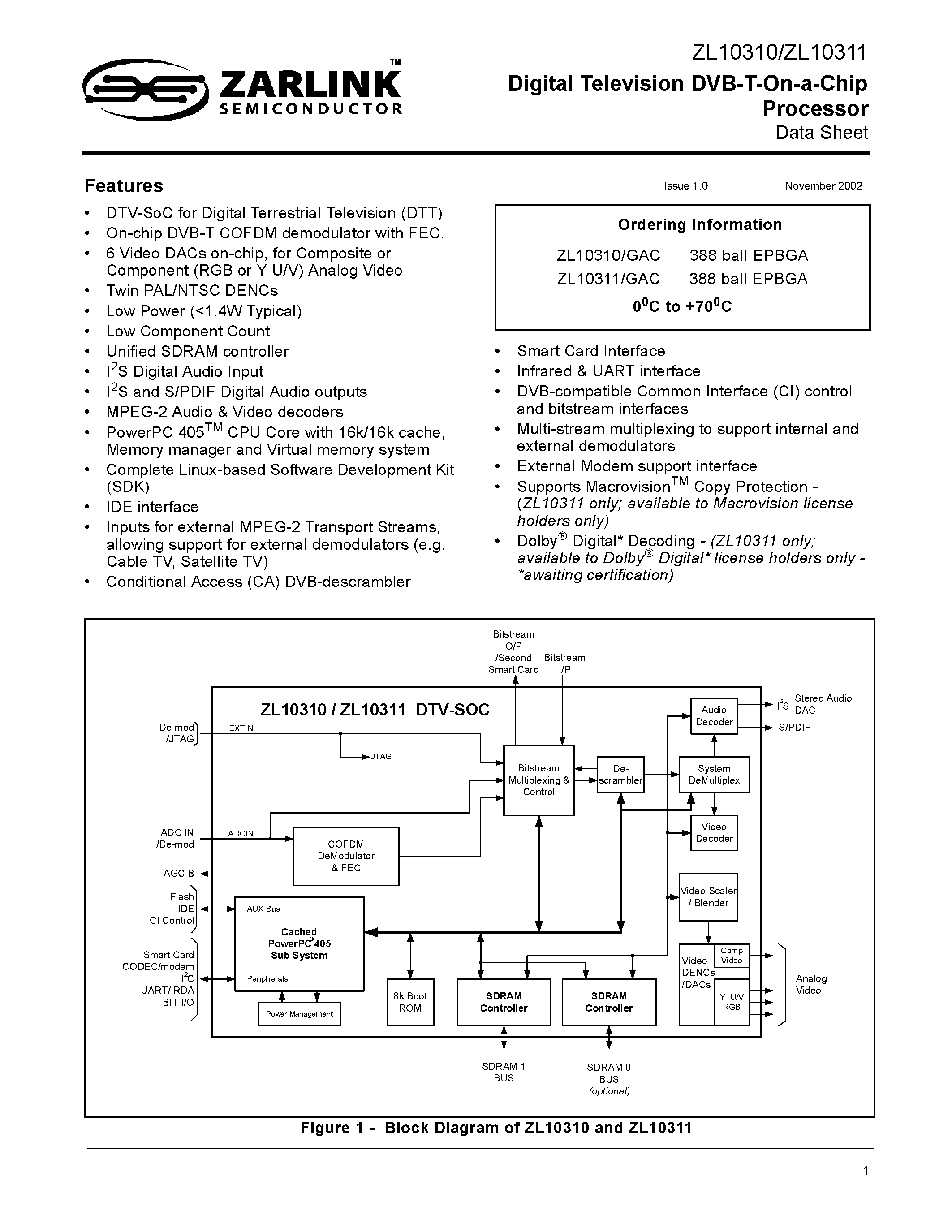 Datasheet ZL10310 - Digital Television DVB-T-On-a-Chip Processor page 1