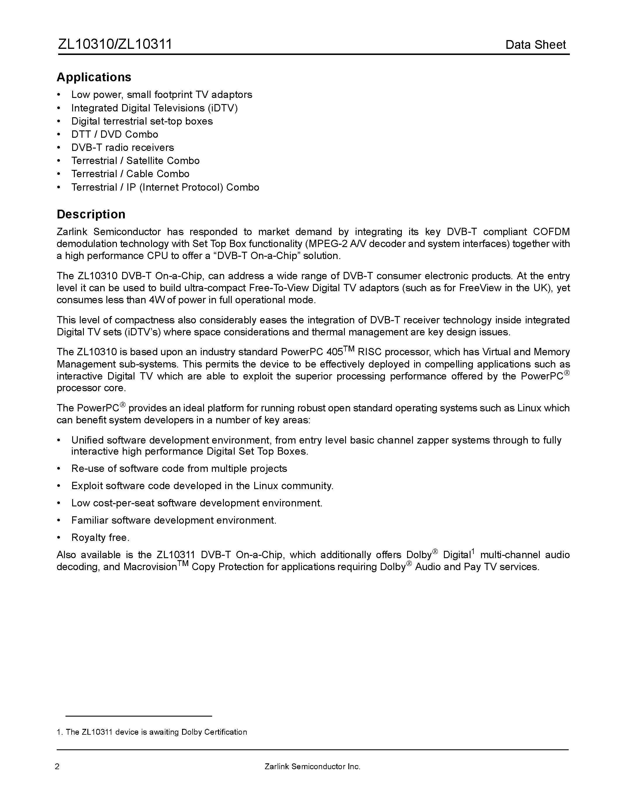 Даташит на микросхему ZL10310 страница 2 Даташит ZL10310 - Digital Television DVB-T-On-a-Chip Processor страница 2