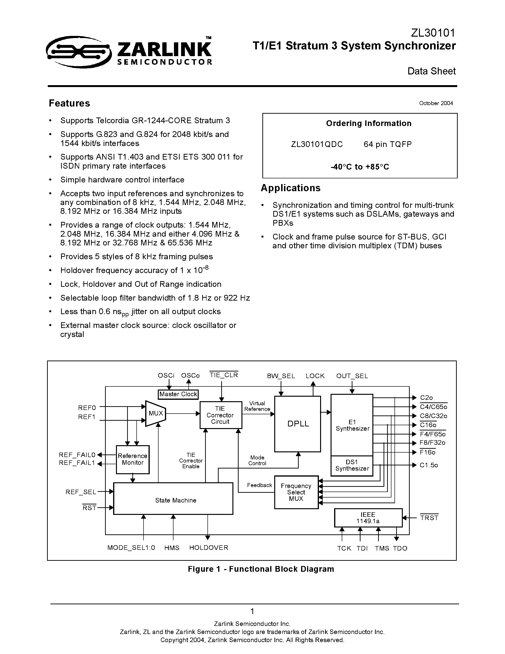 Datasheet ZL30101 - T1/E1 Stratum 3 System Synchronizer page 1