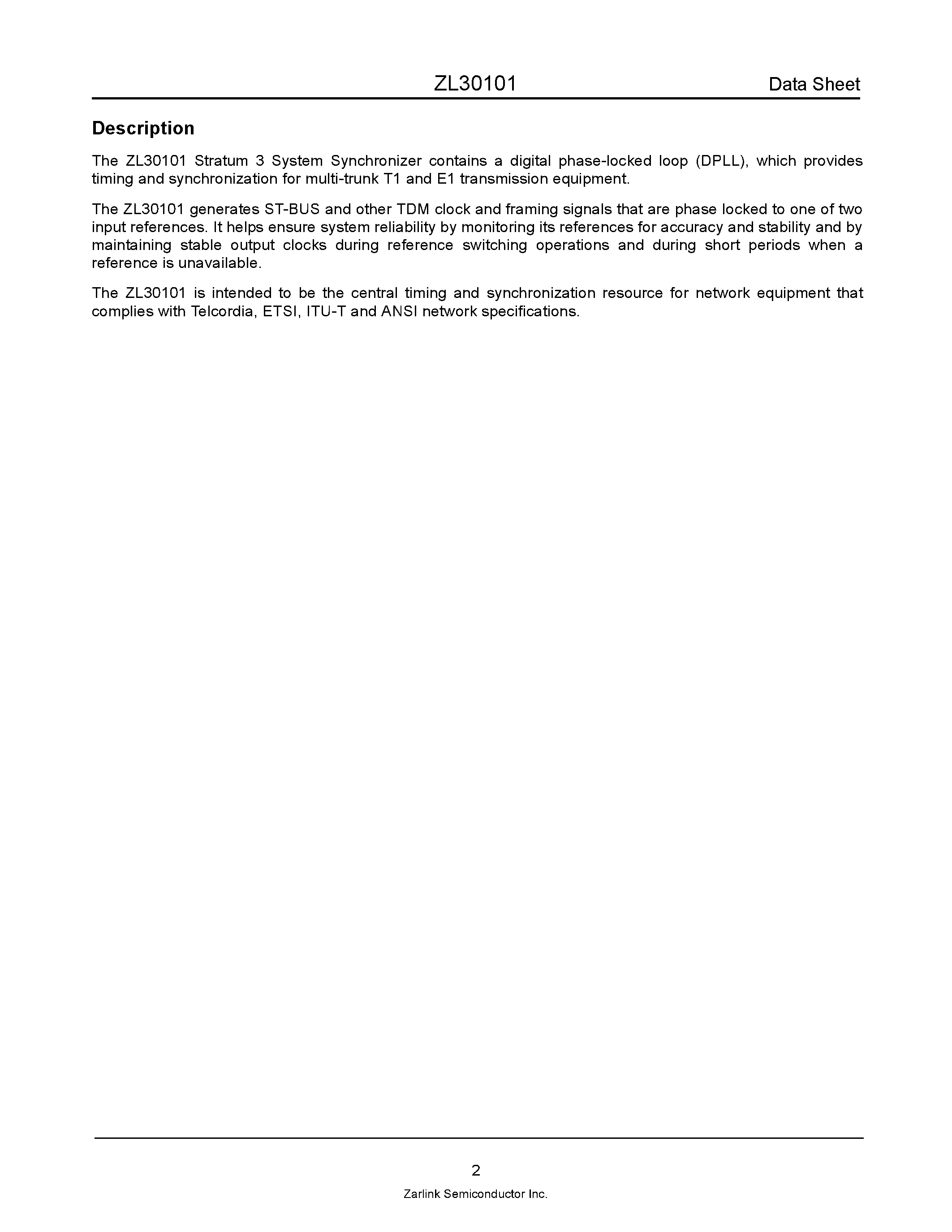 Datasheet ZL30101 - T1/E1 Stratum 3 System Synchronizer page 2