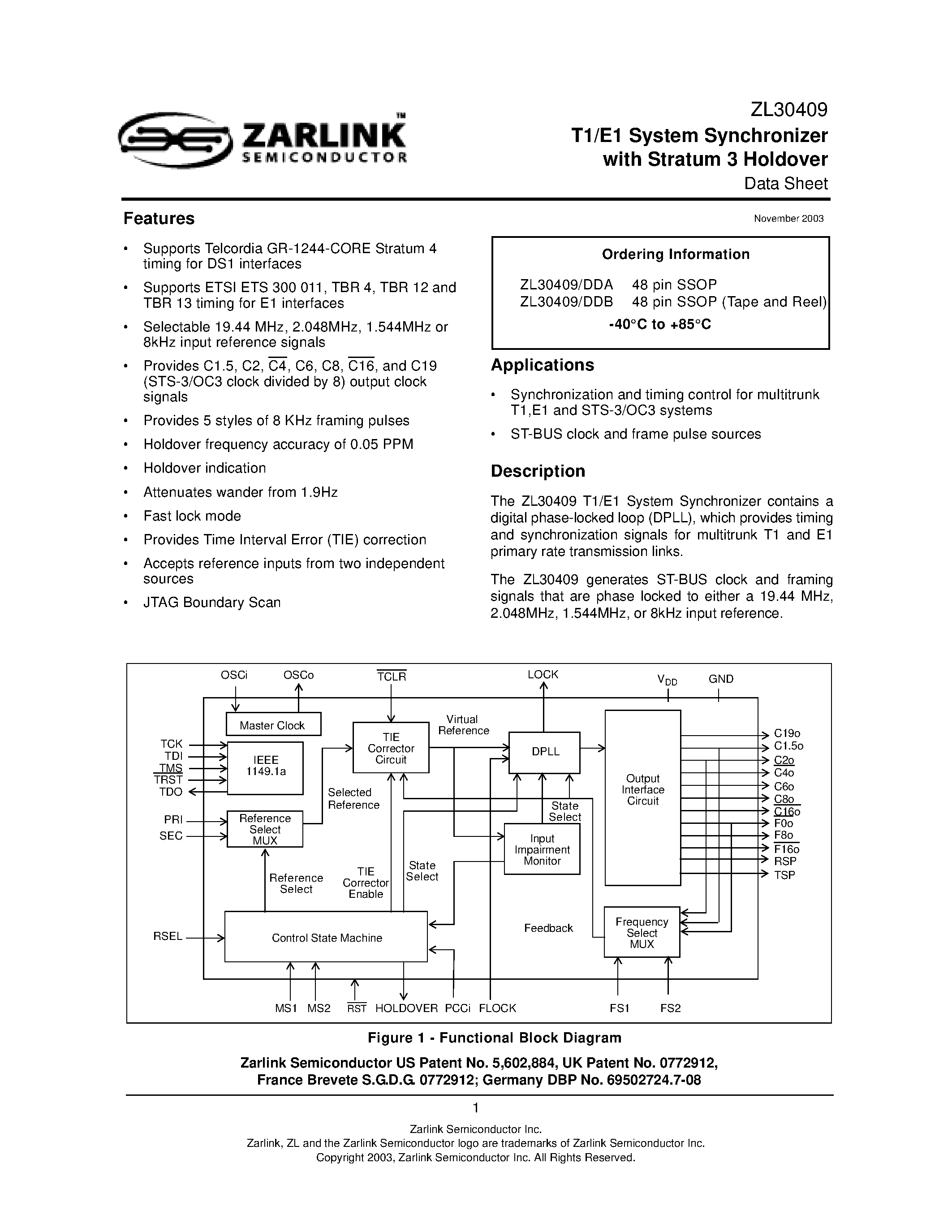 Datasheet ZL30409 - T1/E1 System Synchronizer with Stratum 3 Holdover page 1