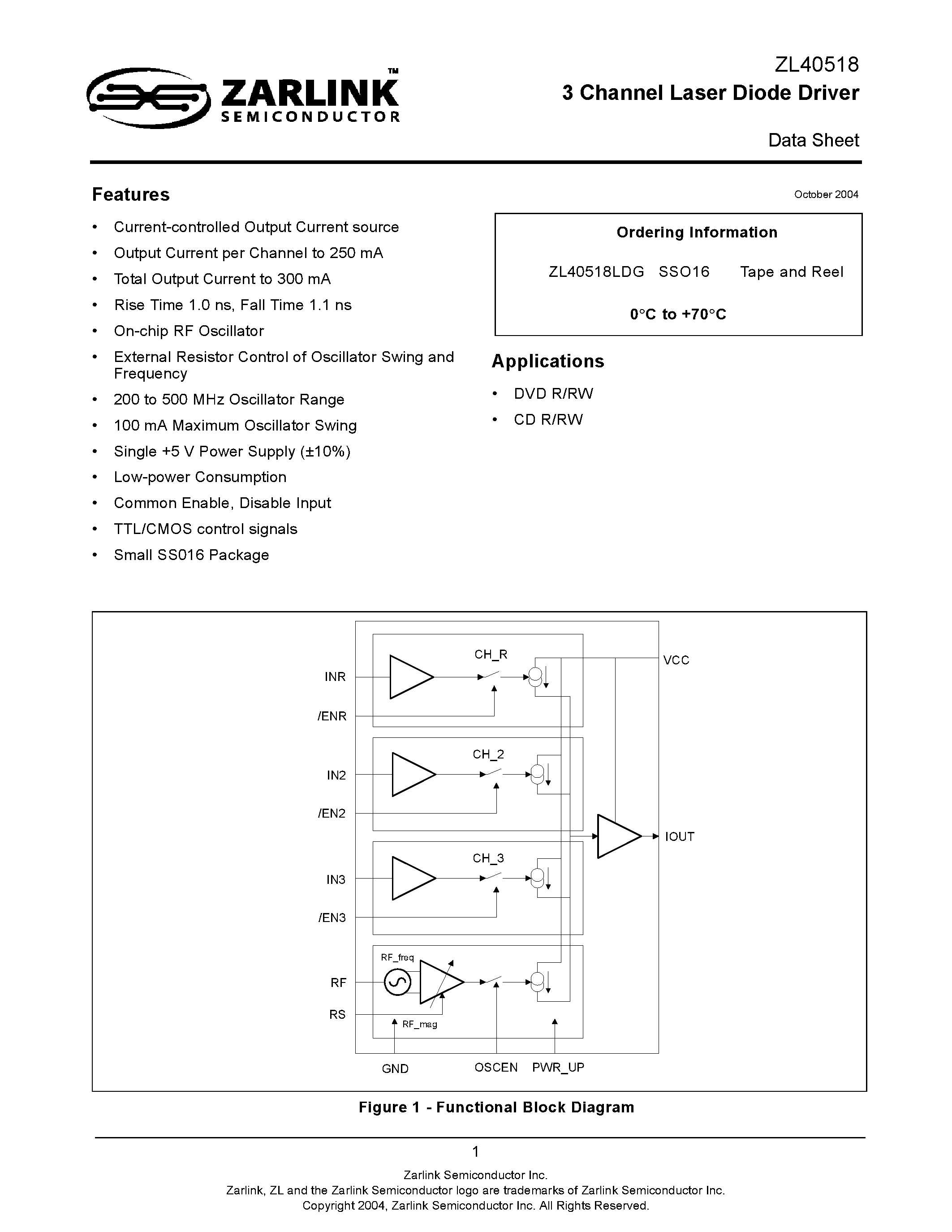 Datasheet ZL40518 - 3 Channel Laser Diode Driver page 1