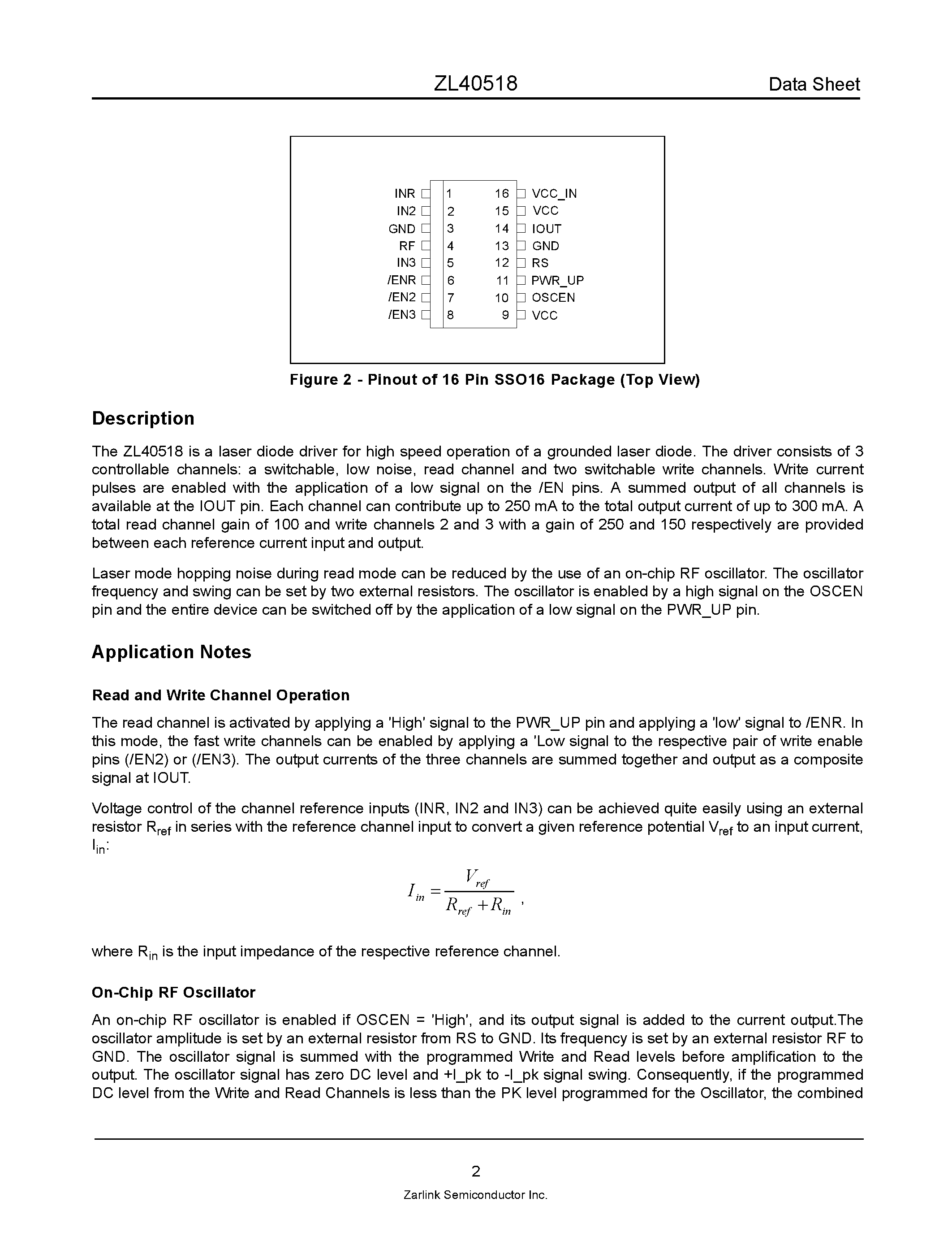 Datasheet ZL40518 - 3 Channel Laser Diode Driver page 2