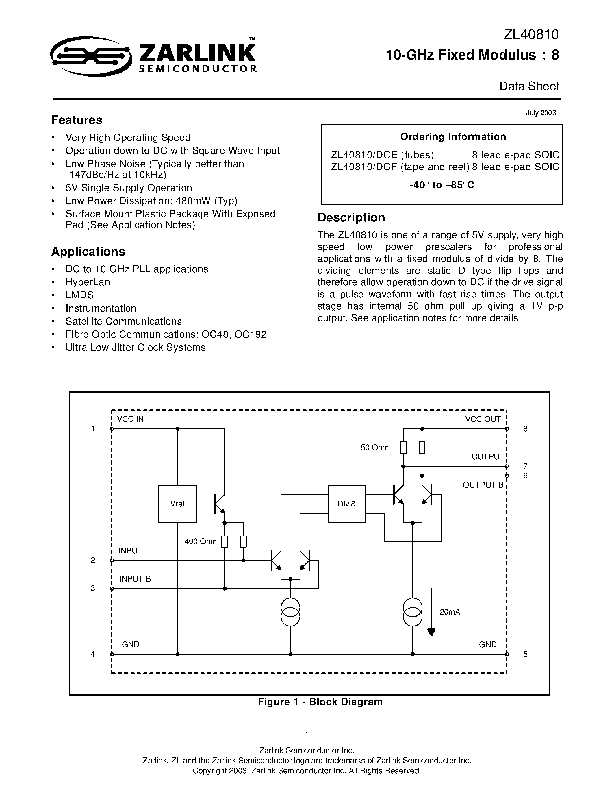 Даташит ZL40810 - 10-GHz Fixed Modulus 8 страница 1