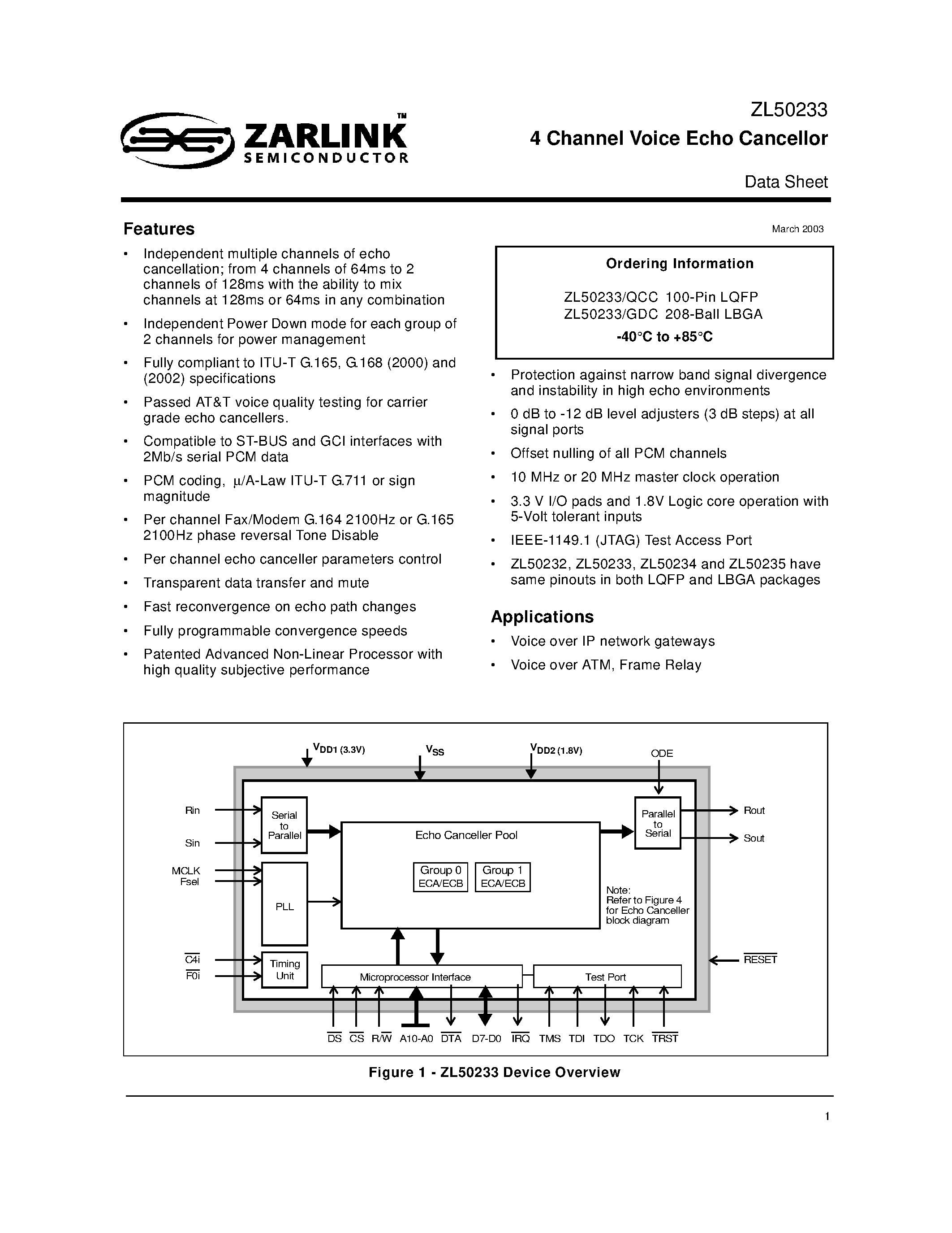 Даташит ZL50233GD - 4 Channel Voice Echo Cancellor страница 1