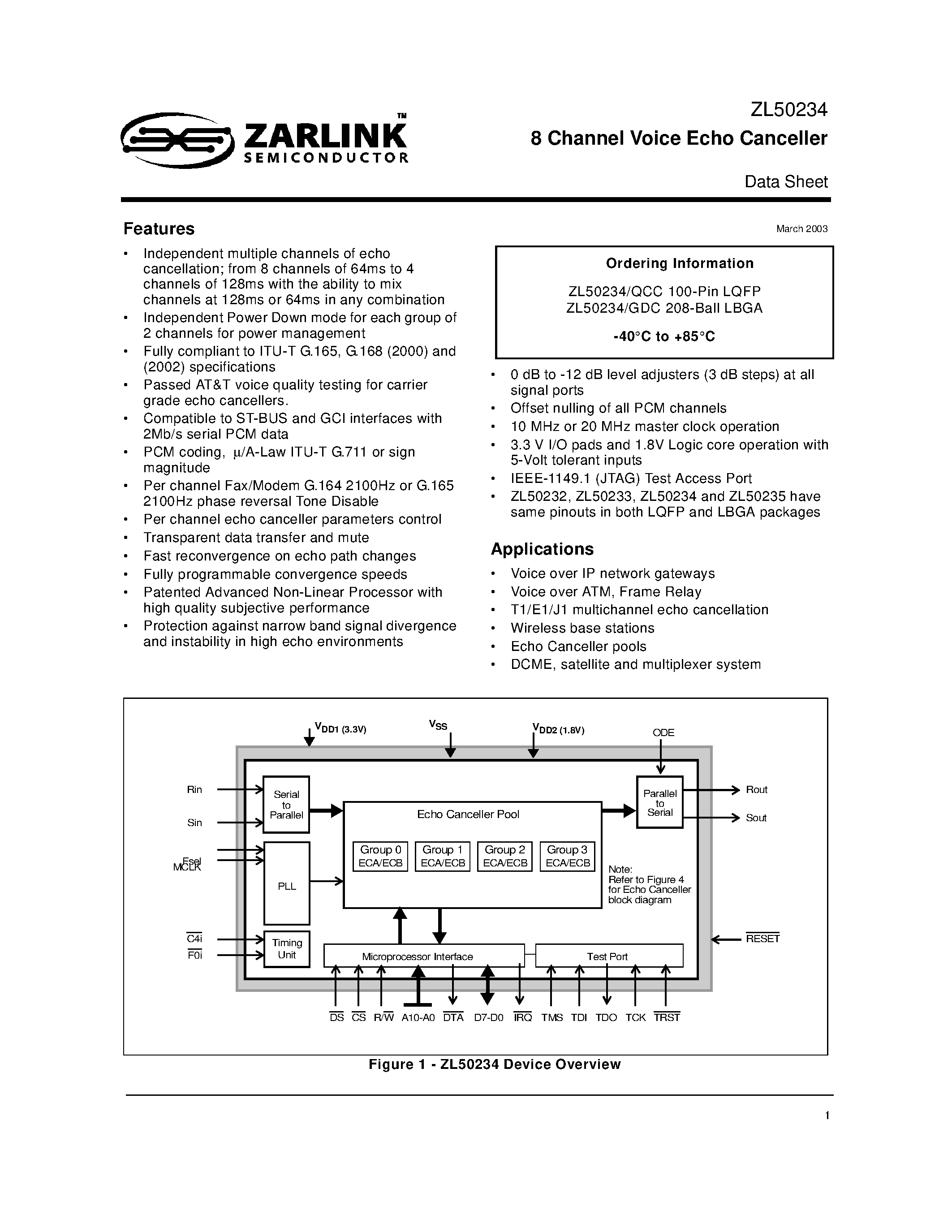 Datasheet ZL50234GD - 8 Channel Voice Echo Canceller page 1