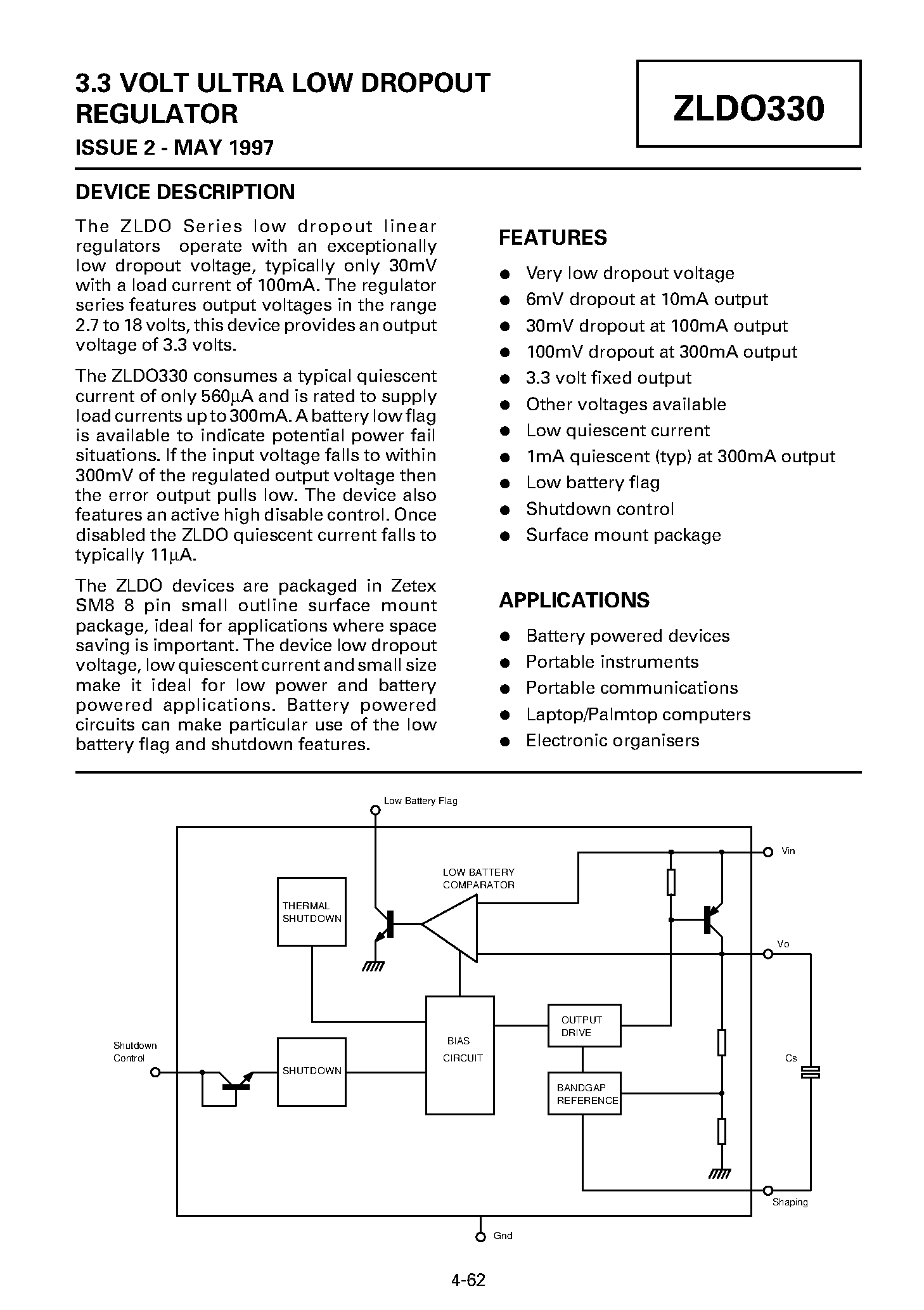 Datasheet ZLDO330 - 3.3 VOLT ULTRA LOW DROPOUT REGULATOR page 1